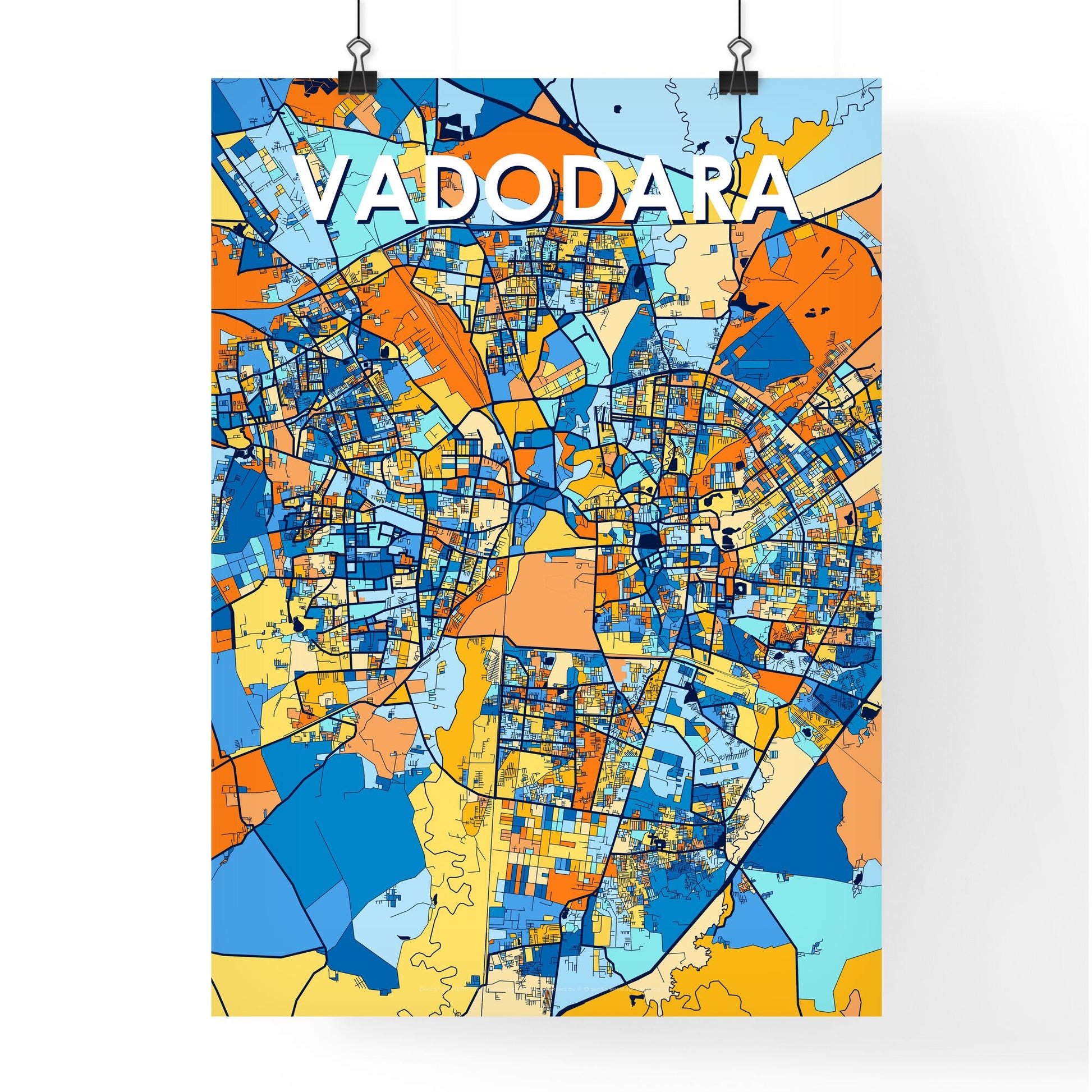 VADODARA INDIA Vibrant Colorful Art Map Poster Blue Orange