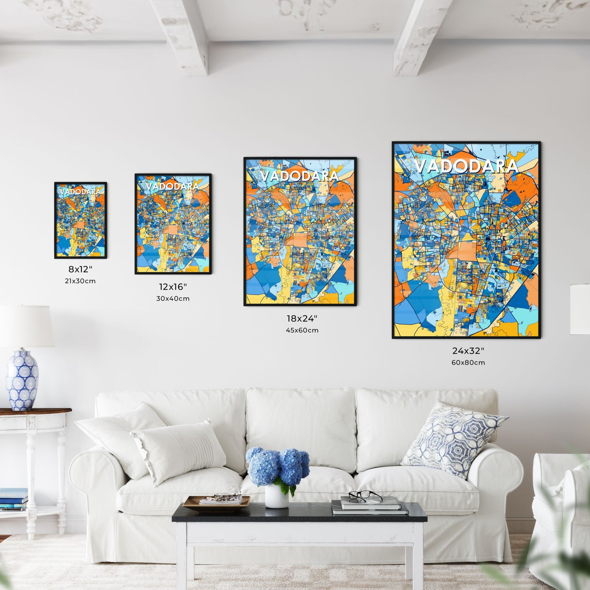 VADODARA INDIA Vibrant Colorful Art Map Poster Blue Orange