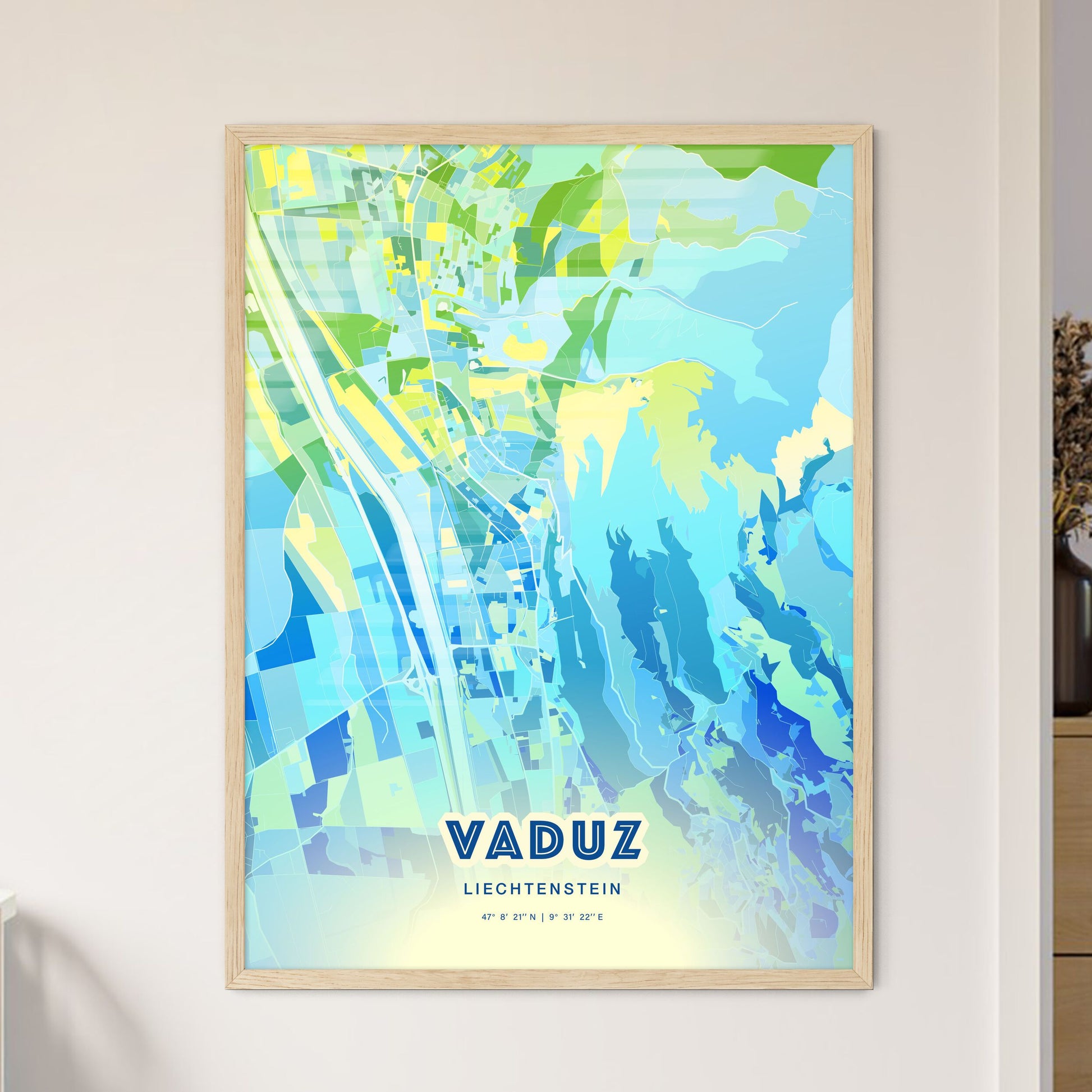 Colorful Vaduz Liechtenstein Fine Art Map Cool Blue
