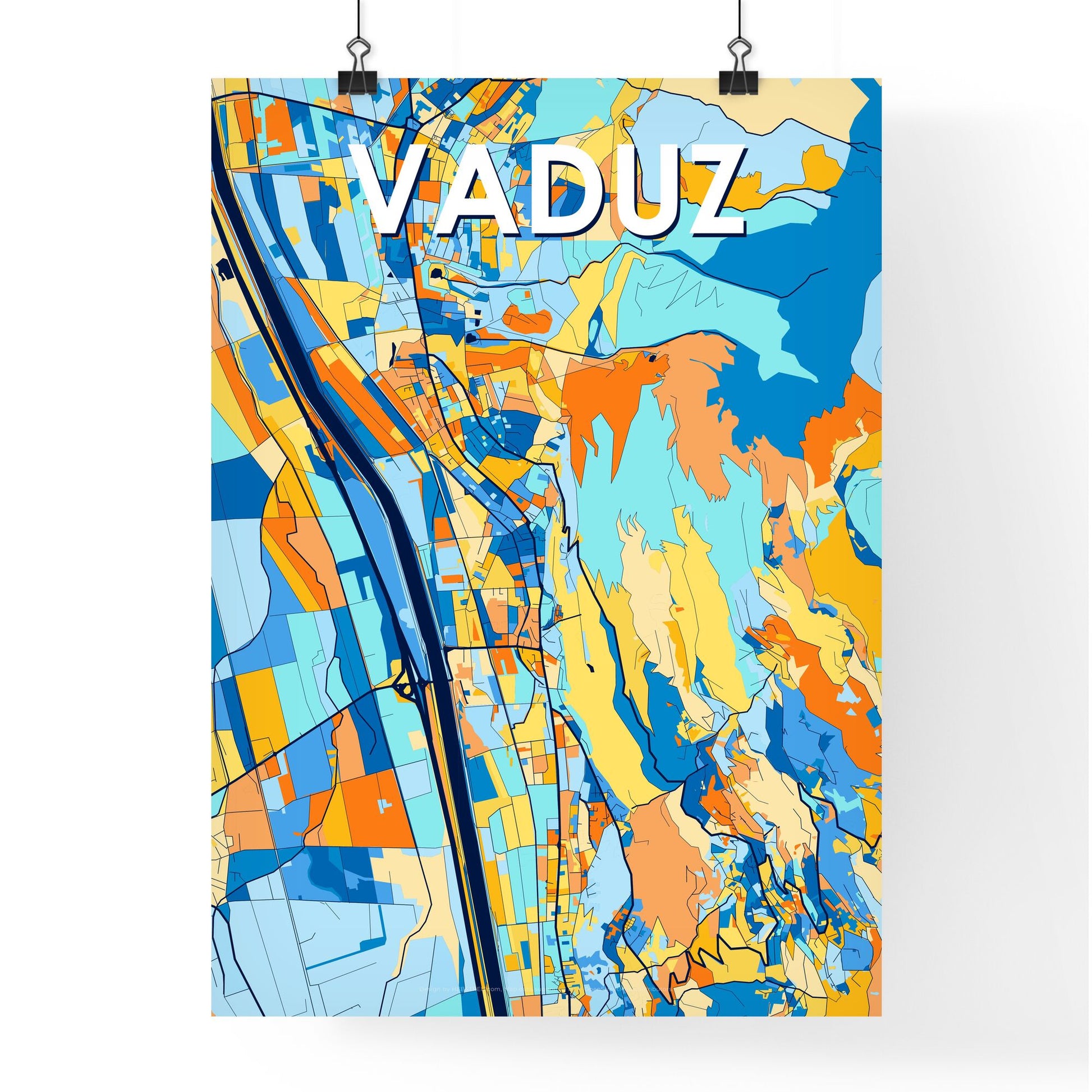 VADUZ LIECHTENSTEIN Vibrant Colorful Art Map Poster Blue Orange