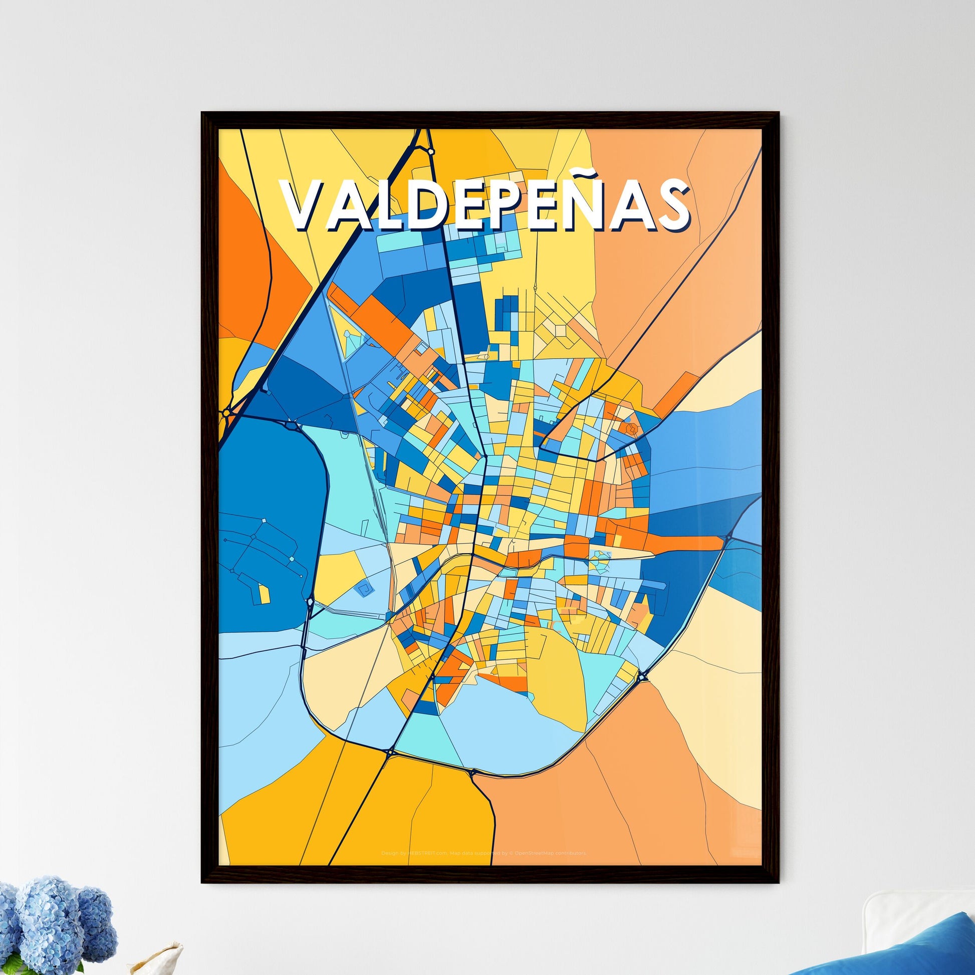 VALDEPEÑAS SPAIN Vibrant Colorful Art Map Poster Blue Orange