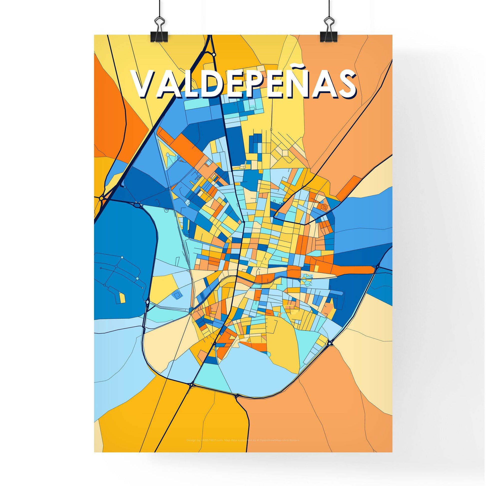 VALDEPEÑAS SPAIN Vibrant Colorful Art Map Poster Blue Orange