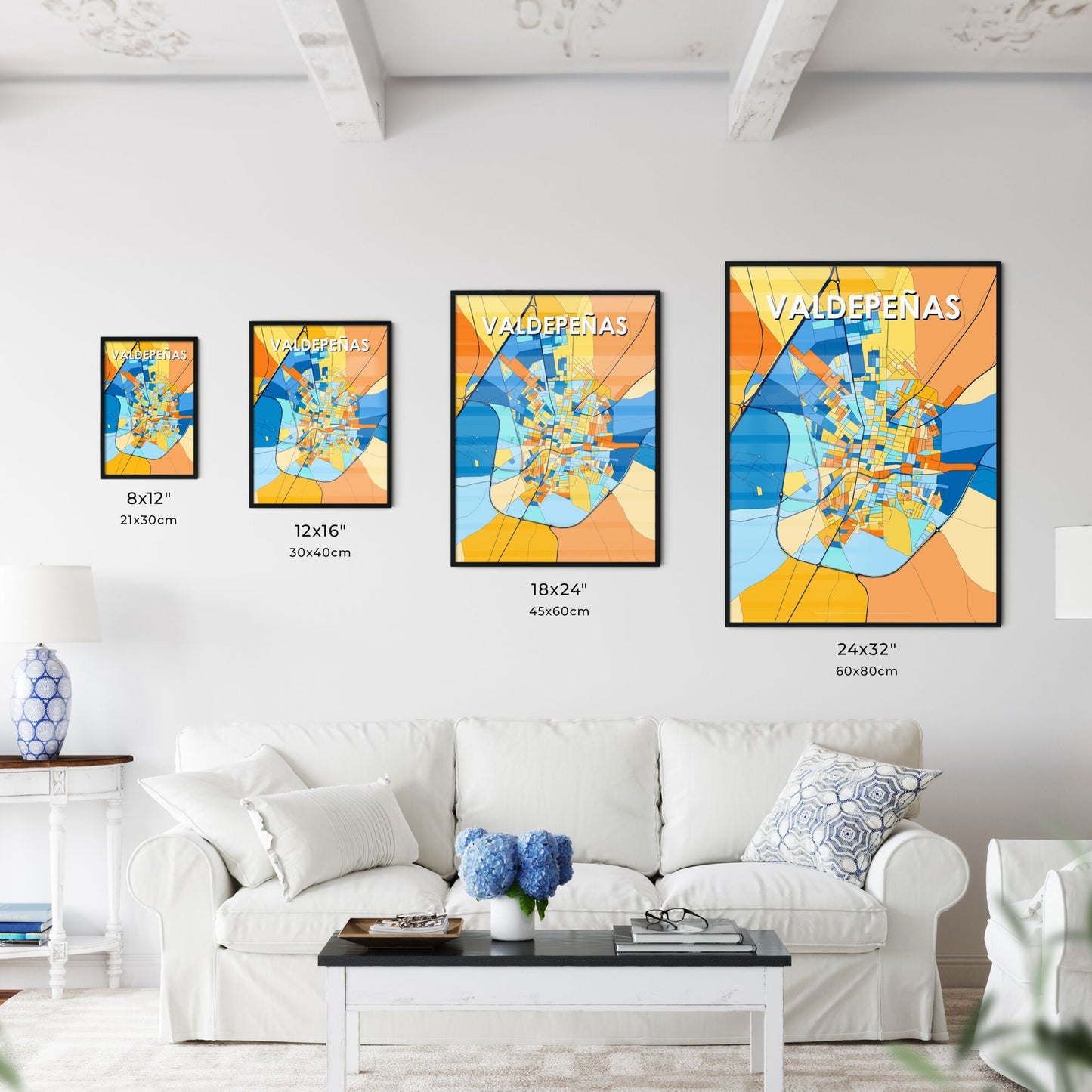 VALDEPEÑAS SPAIN Vibrant Colorful Art Map Poster Blue Orange