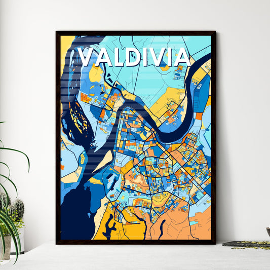 VALDIVIA CHILE Vibrant Colorful Art Map Poster Blue Orange