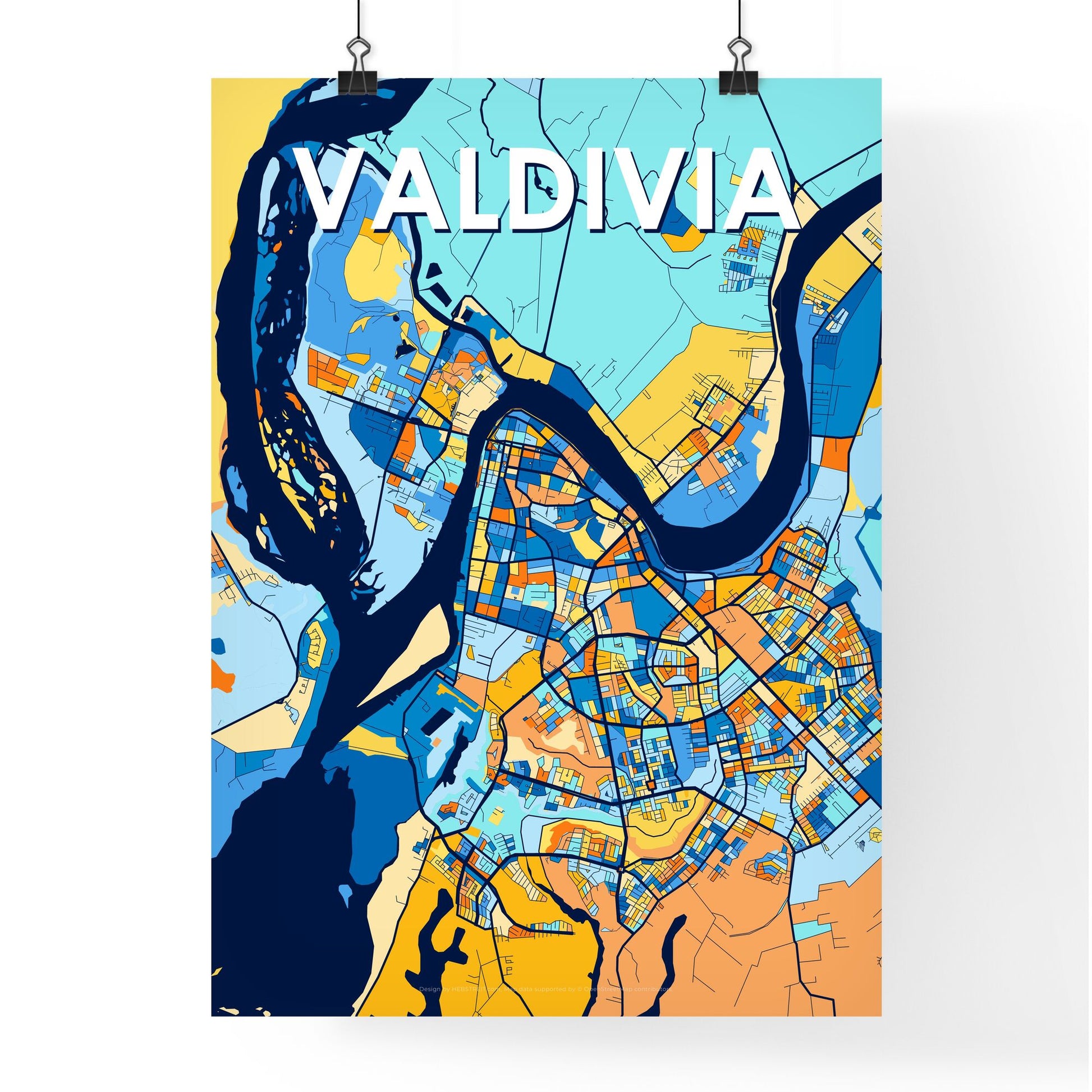 VALDIVIA CHILE Vibrant Colorful Art Map Poster Blue Orange