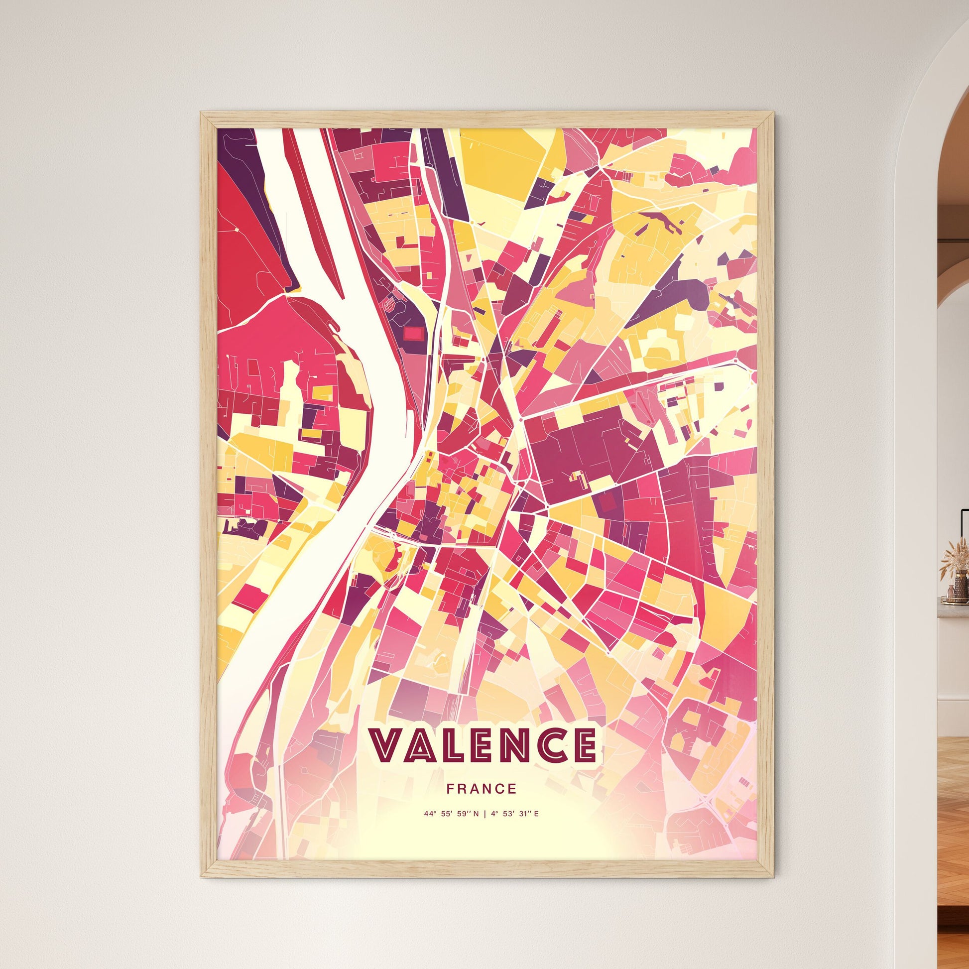 Colorful Valence France Fine Art Map Hot Red