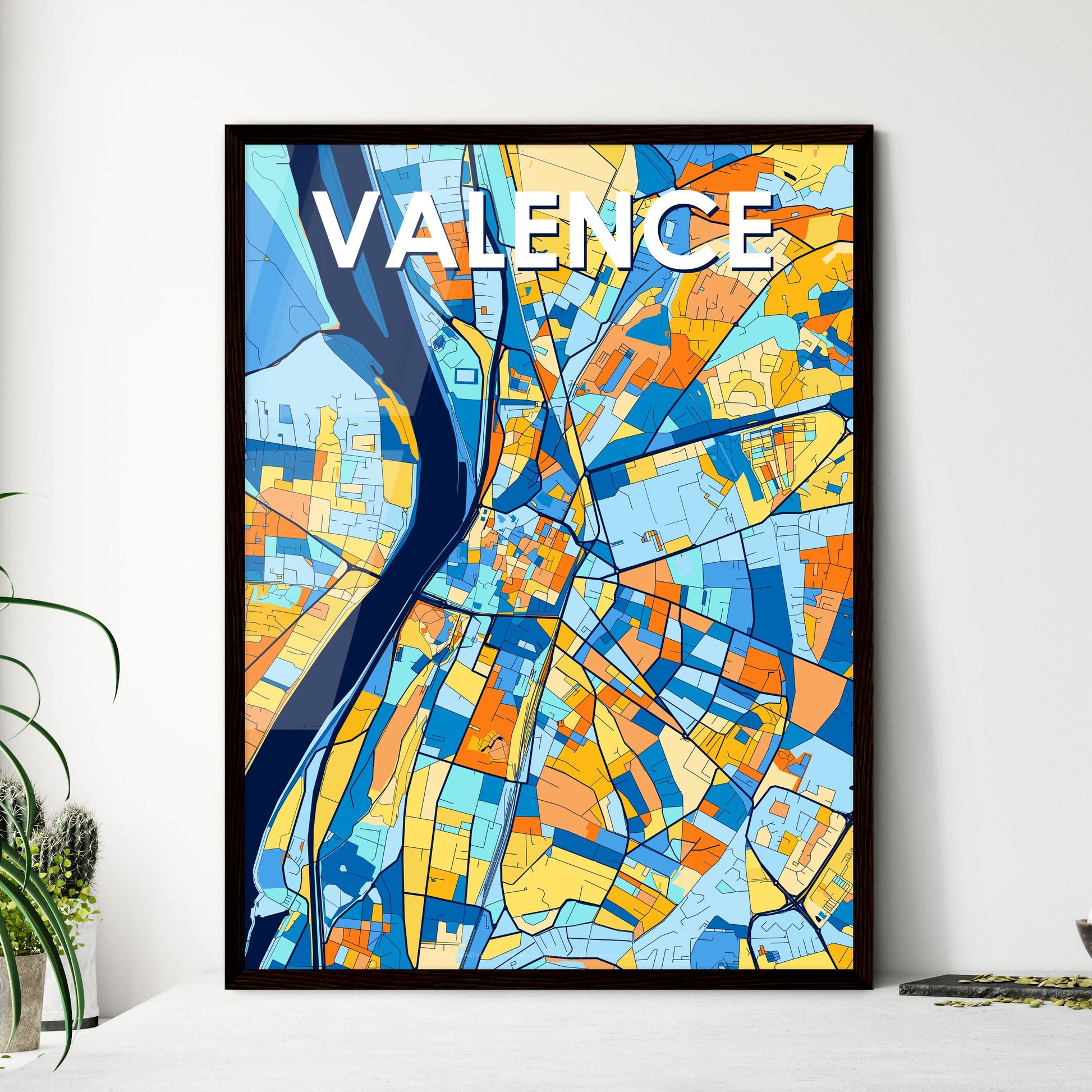 VALENCE FRANCE Vibrant Colorful Art Map Poster Blue Orange