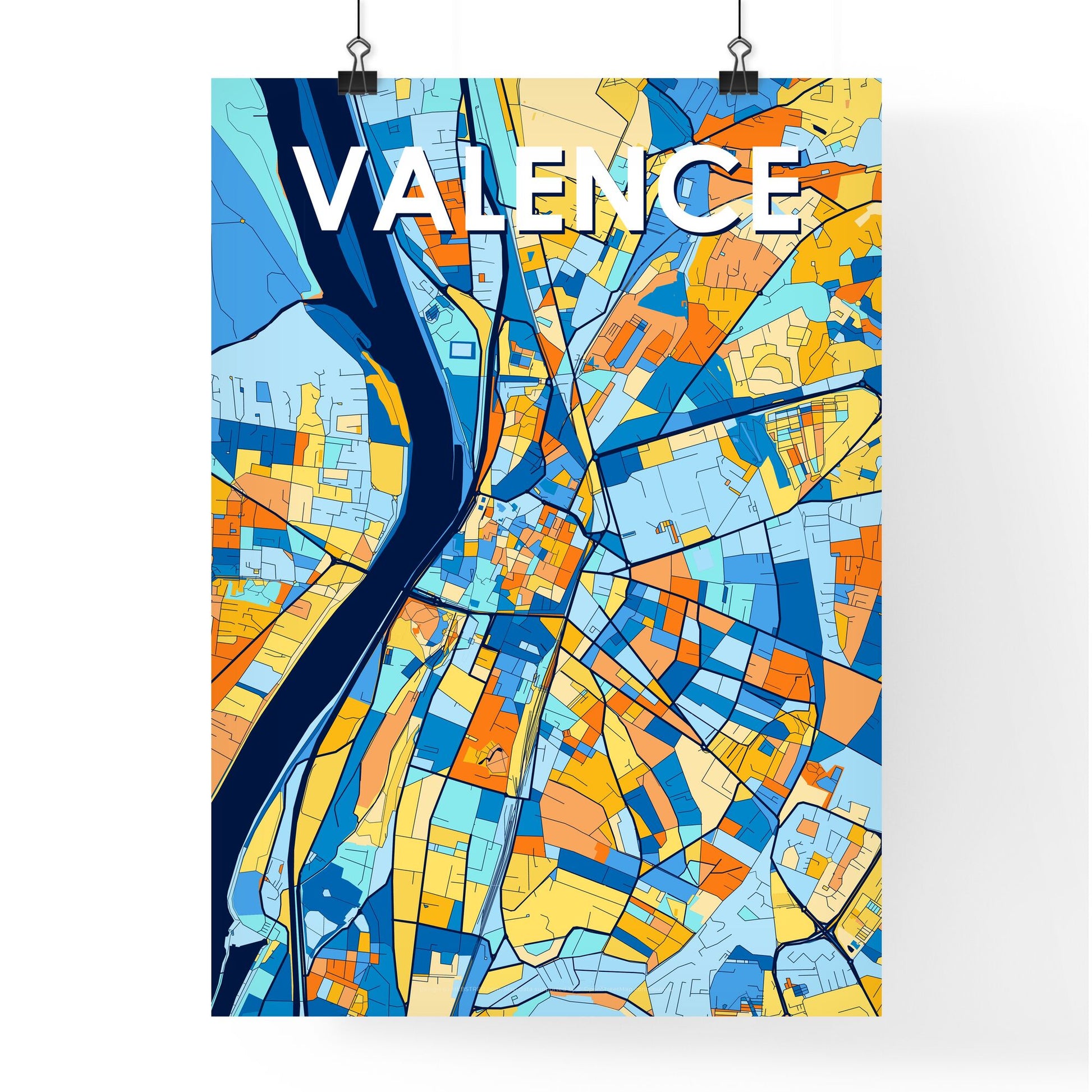 VALENCE FRANCE Vibrant Colorful Art Map Poster Blue Orange