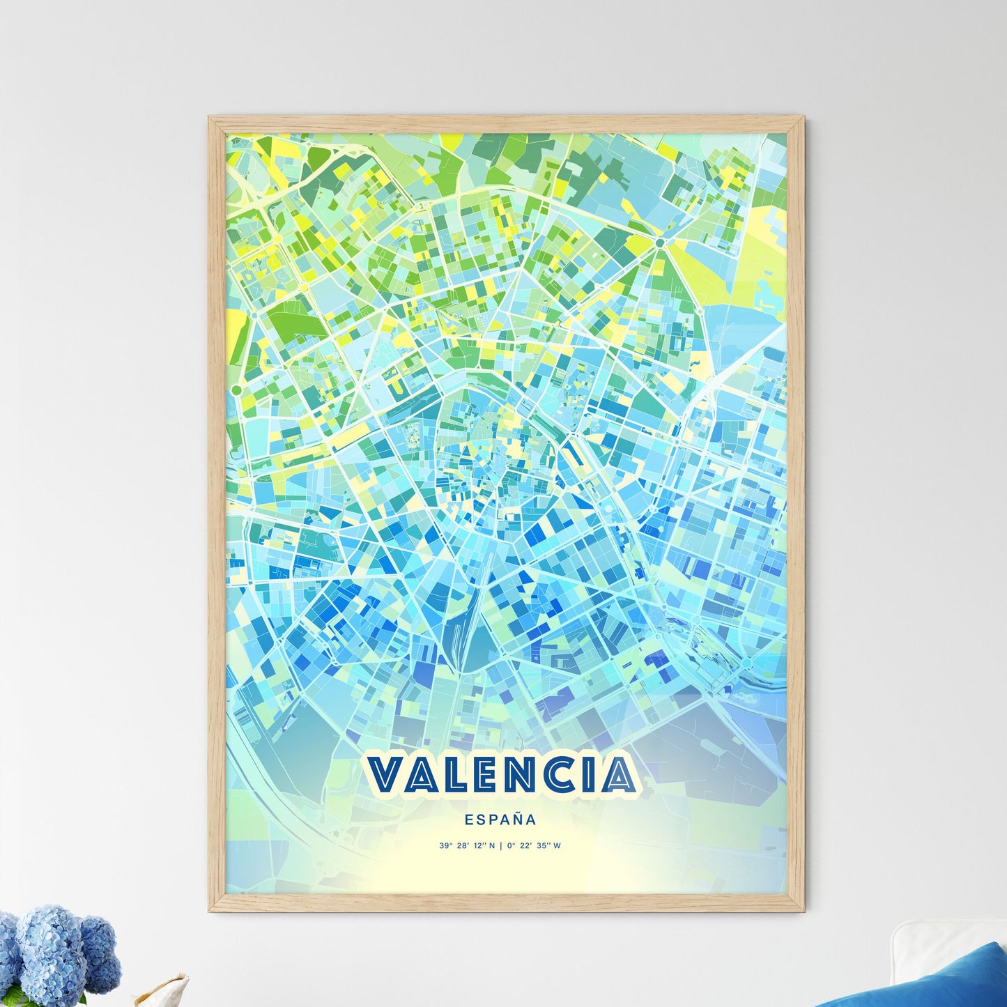 Colorful Valencia Spain Fine Art Map Cool Blue