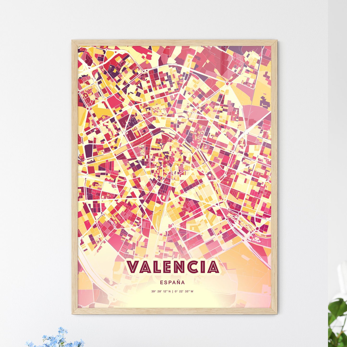 Colorful Valencia Spain Fine Art Map Hot Red