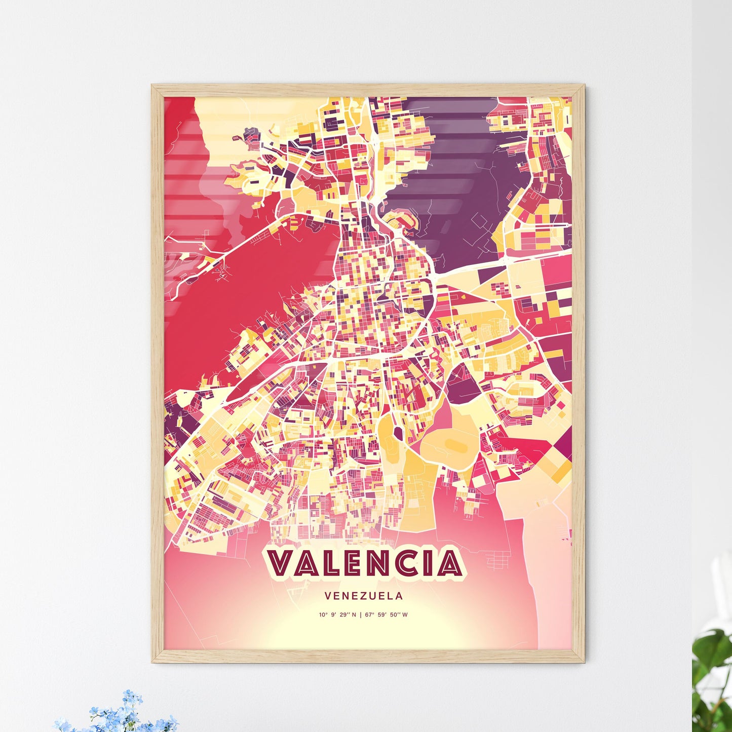 Colorful Valencia Venezuela Fine Art Map Hot Red