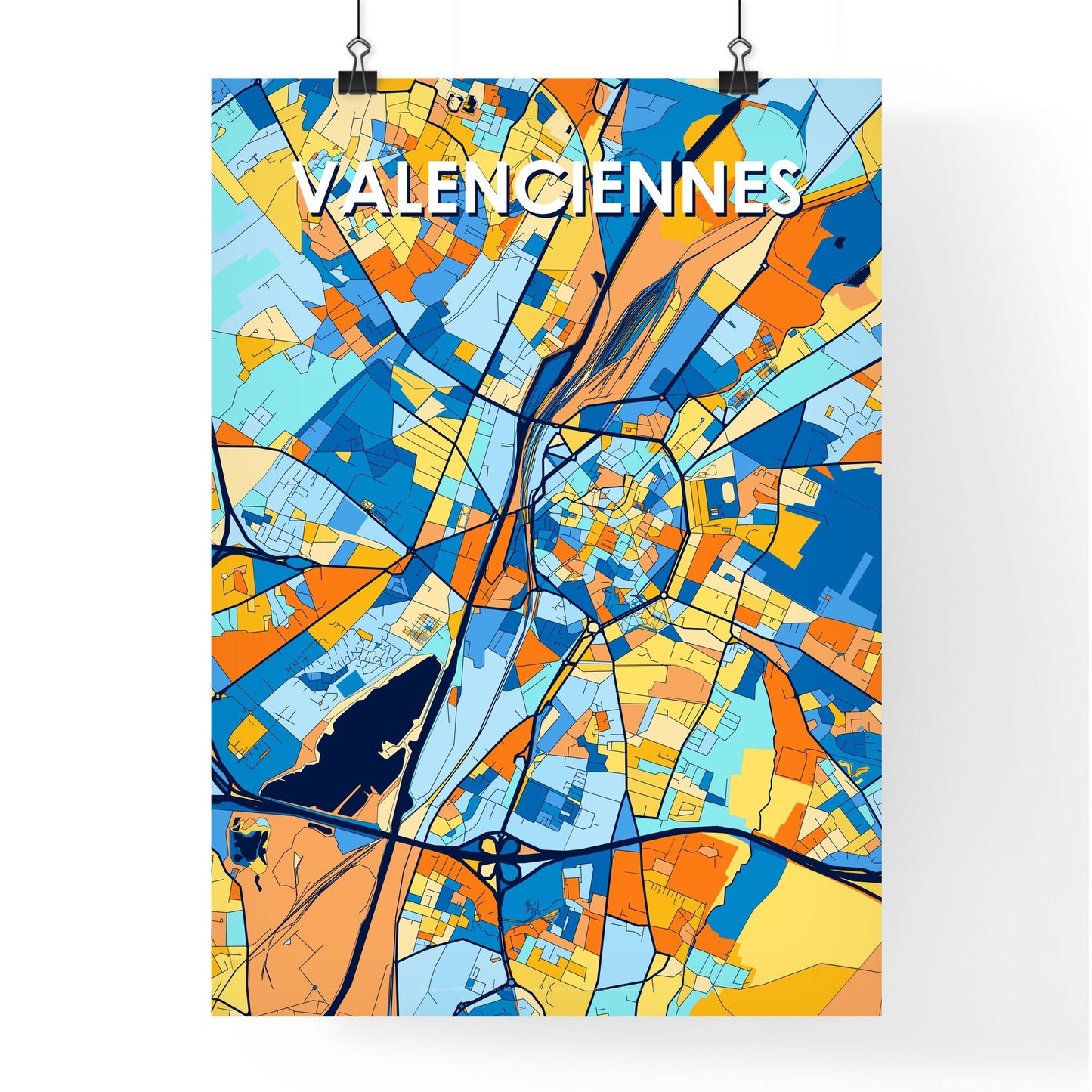 VALENCIENNES FRANCE Vibrant Colorful Art Map Poster Blue Orange