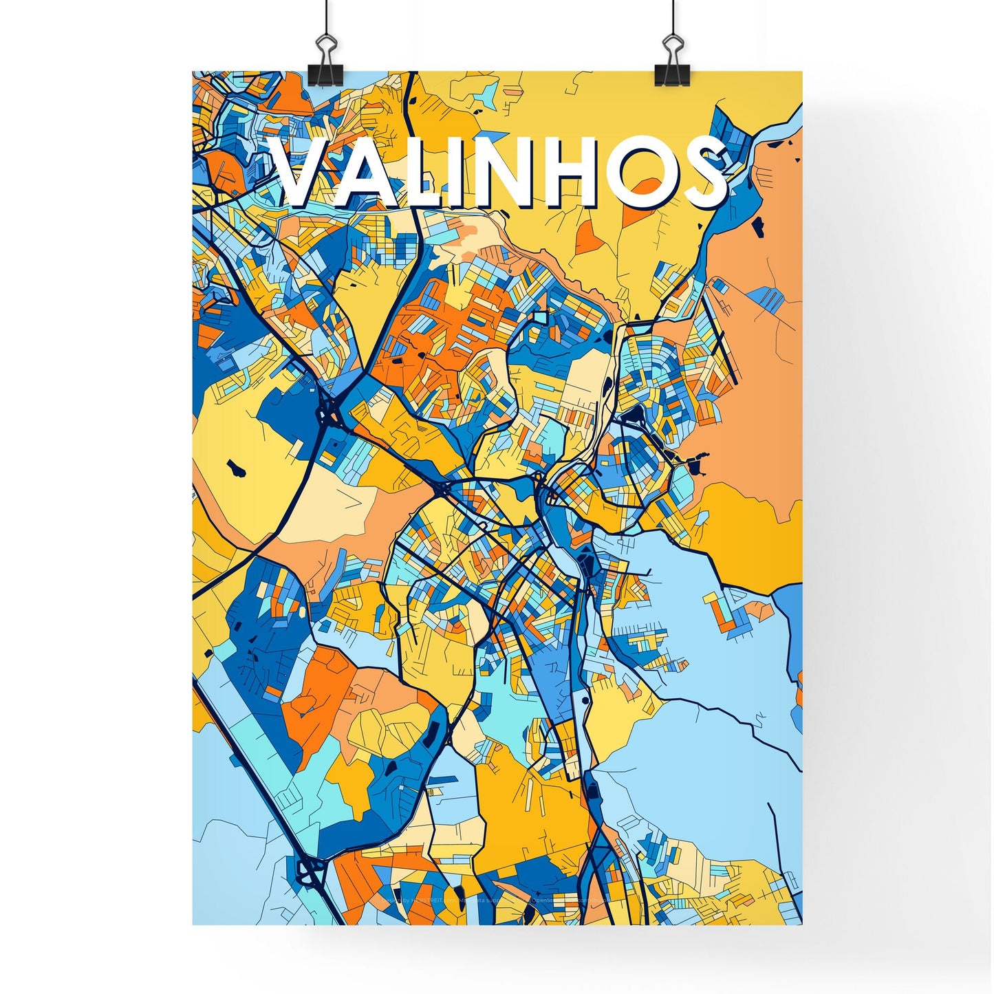 VALINHOS BRAZIL Vibrant Colorful Art Map Poster Blue Orange