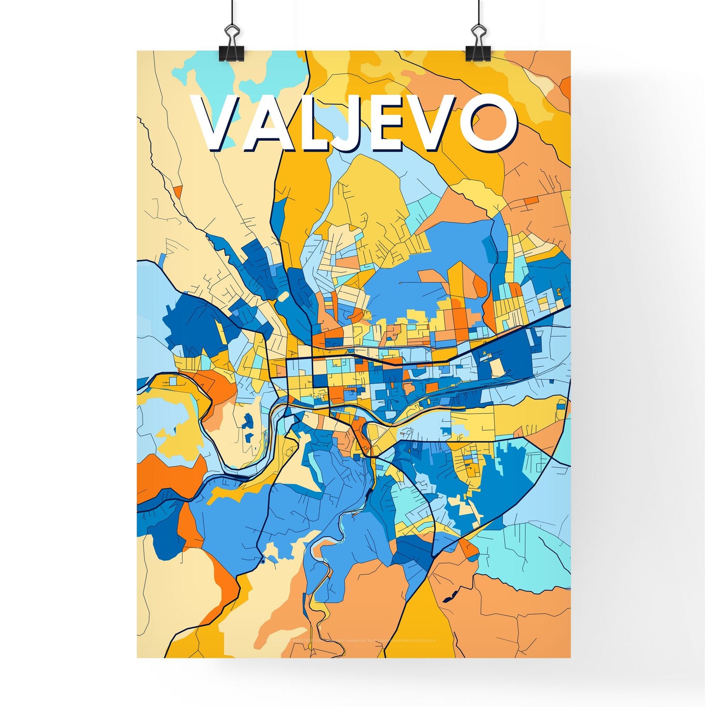 VALJEVO SERBIA Vibrant Colorful Art Map Poster Blue Orange