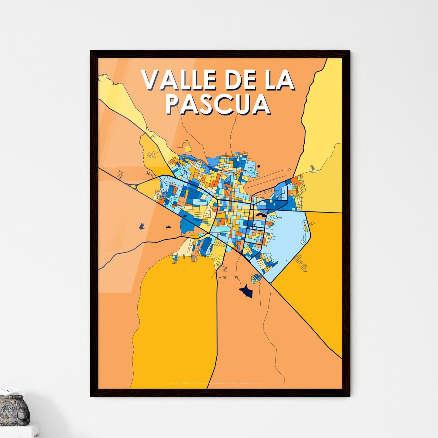 VALLE DE LA PASCUA VENEZUELA Vibrant Colorful Art Map Poster Blue Orange