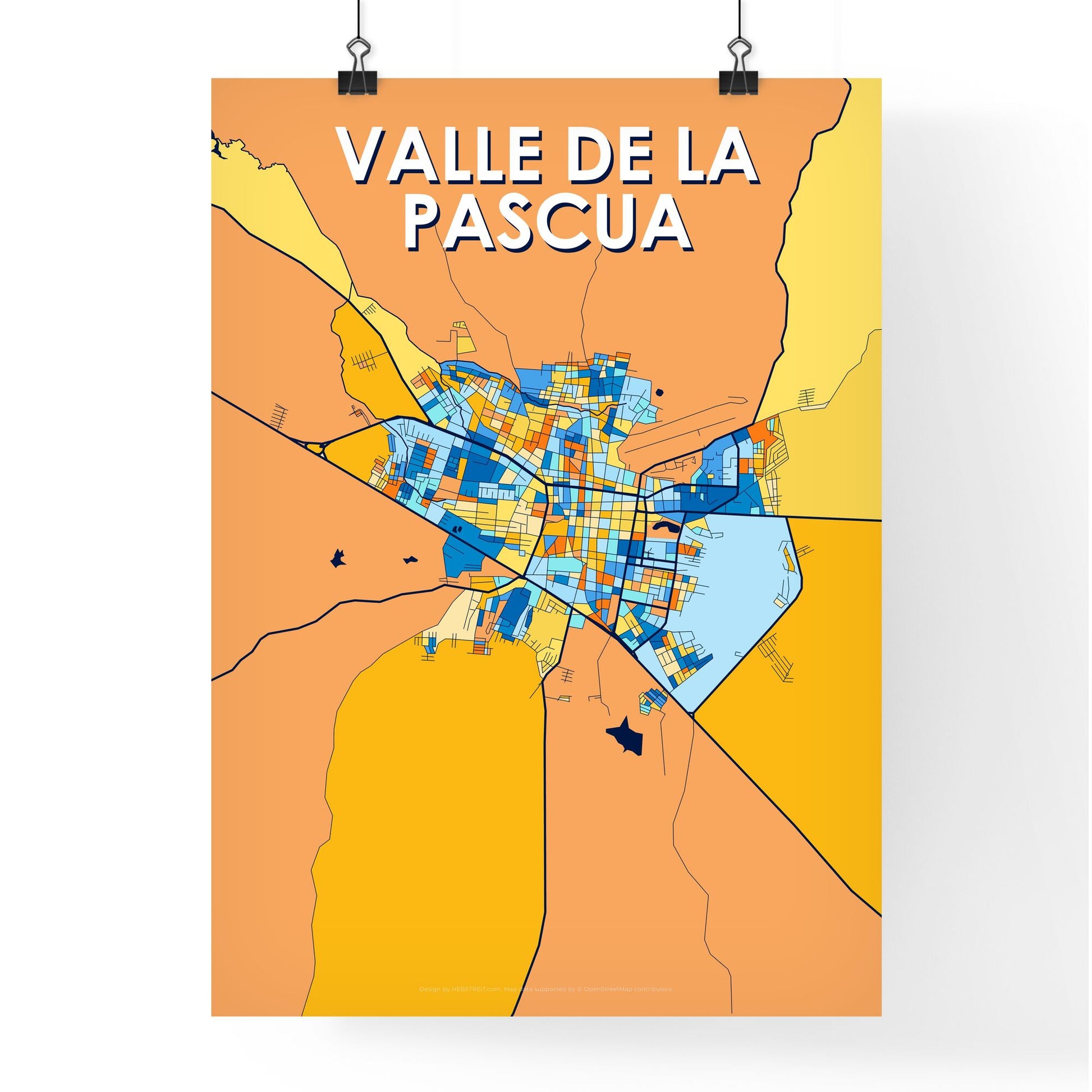 VALLE DE LA PASCUA VENEZUELA Vibrant Colorful Art Map Poster Blue Orange