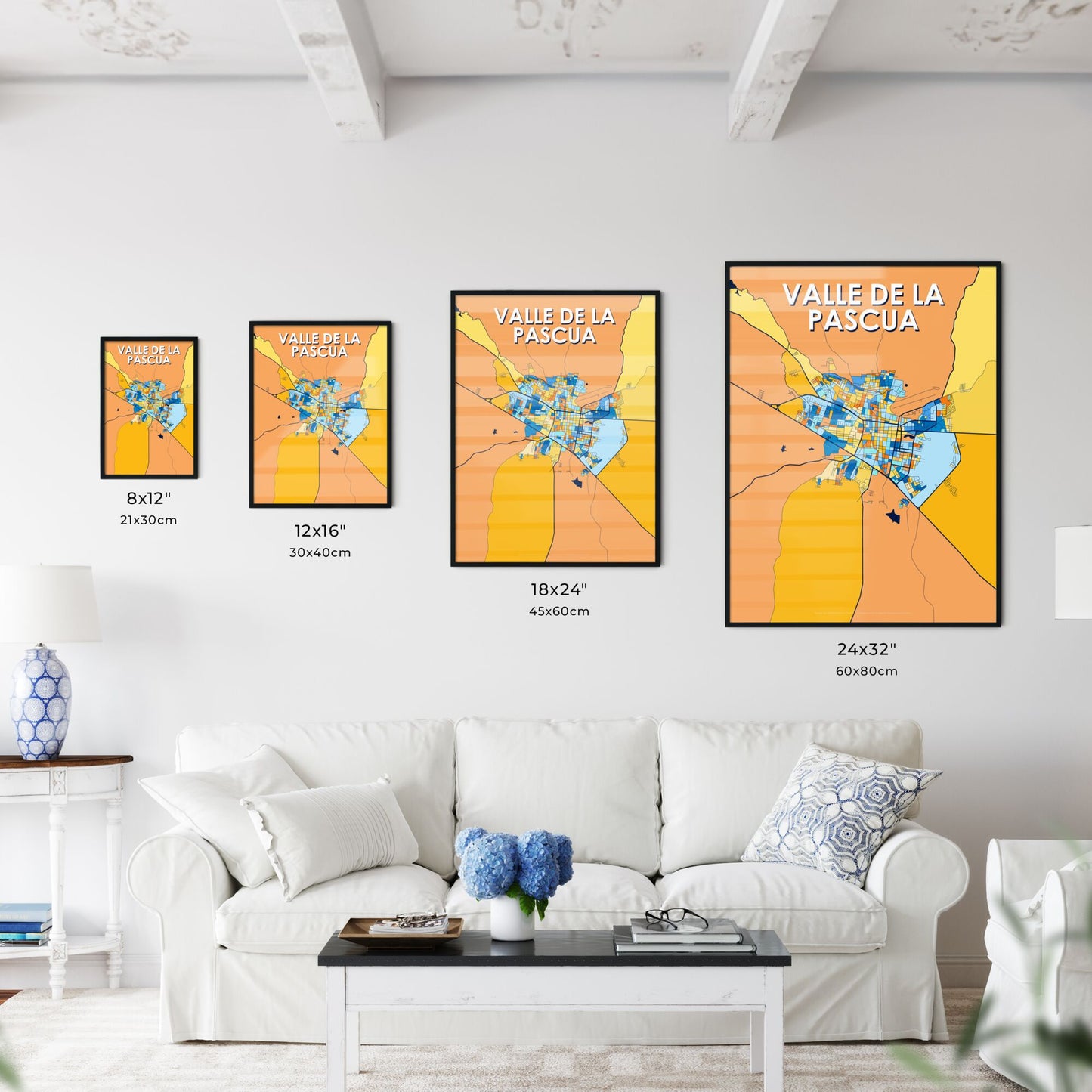 VALLE DE LA PASCUA VENEZUELA Vibrant Colorful Art Map Poster Blue Orange