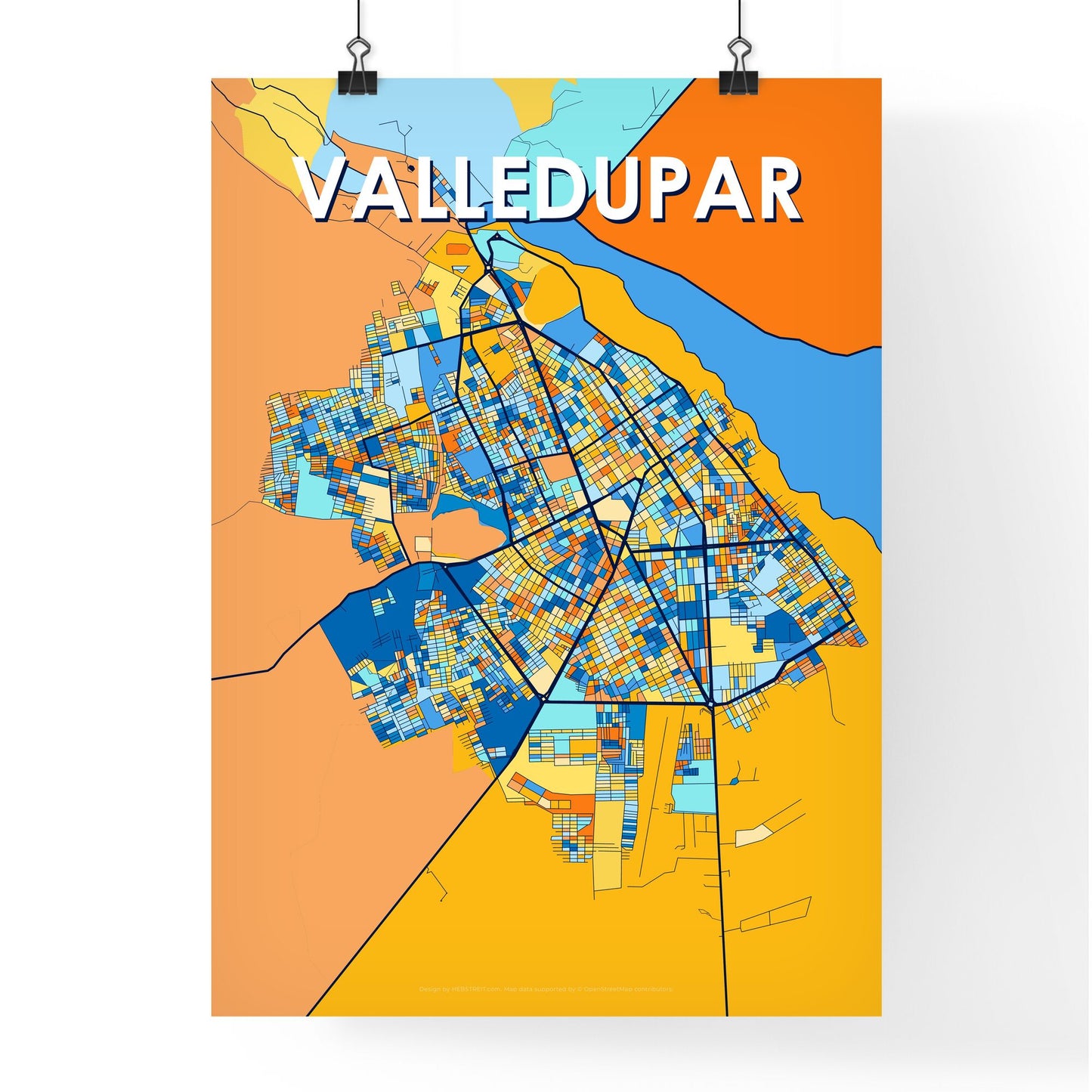 VALLEDUPAR COLOMBIA Vibrant Colorful Art Map Poster Blue Orange