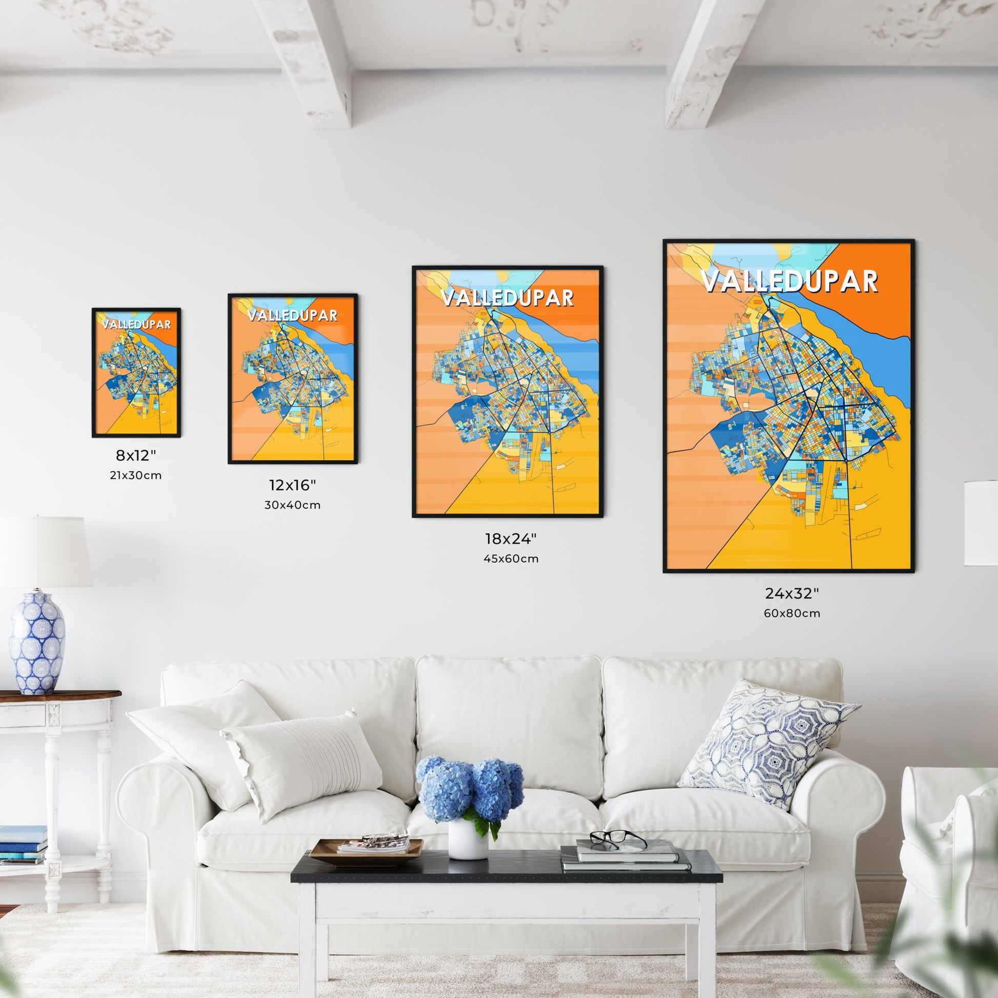 VALLEDUPAR COLOMBIA Vibrant Colorful Art Map Poster Blue Orange