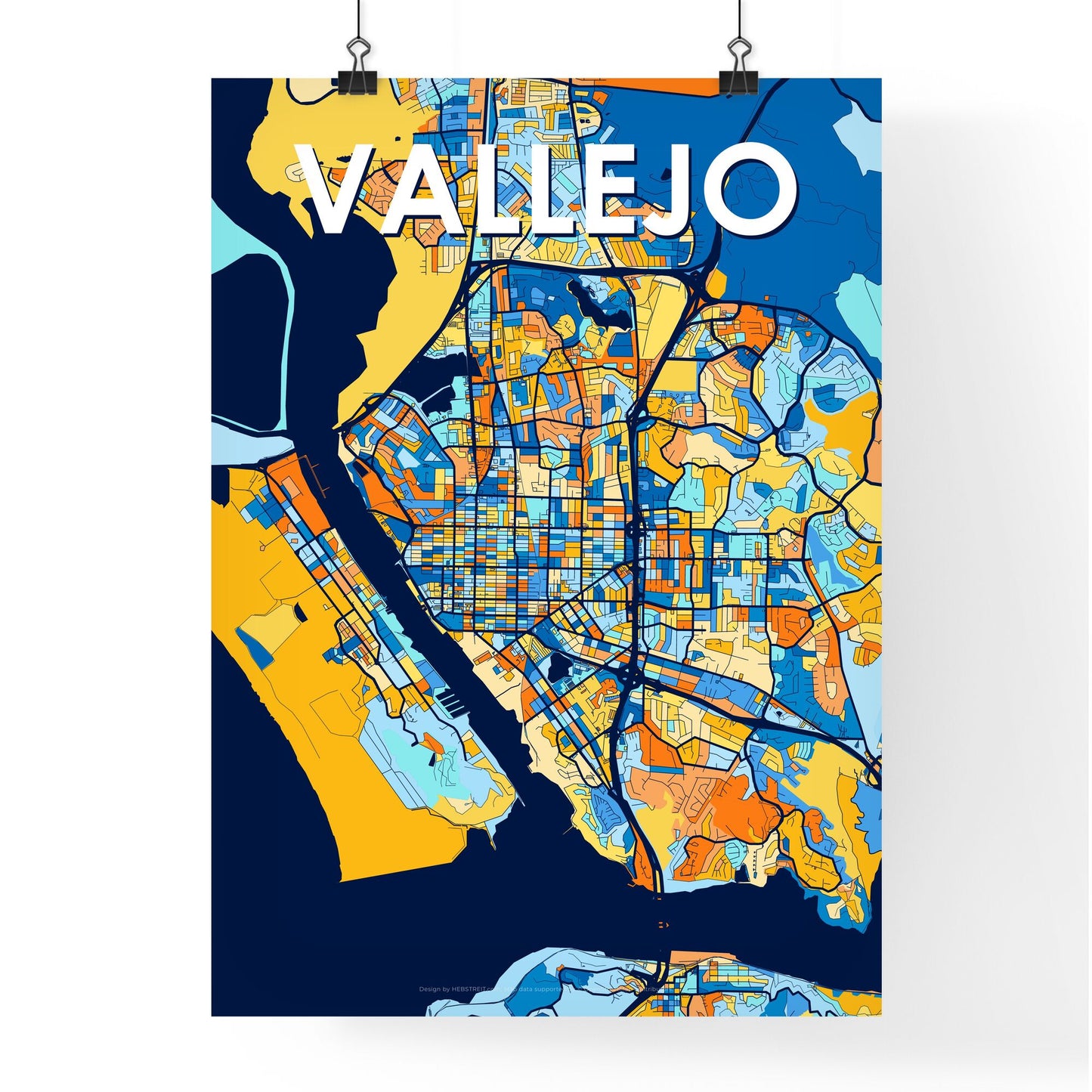 VALLEJO CALIFORNIA Vibrant Colorful Art Map Poster Blue Orange