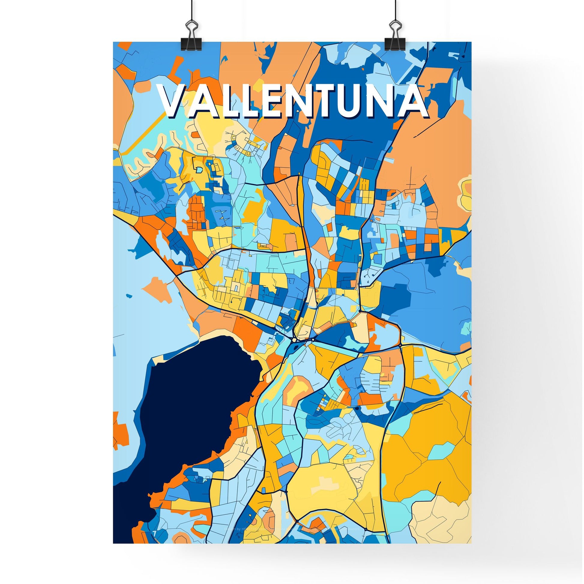 VALLENTUNA SWEDEN Vibrant Colorful Art Map Poster Blue Orange