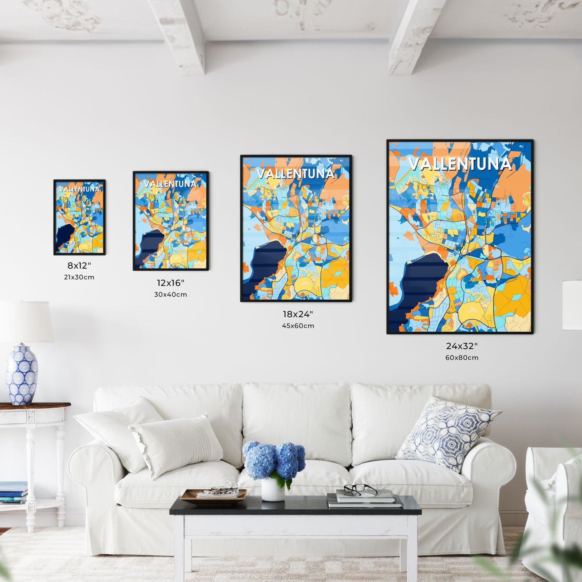 VALLENTUNA SWEDEN Vibrant Colorful Art Map Poster Blue Orange