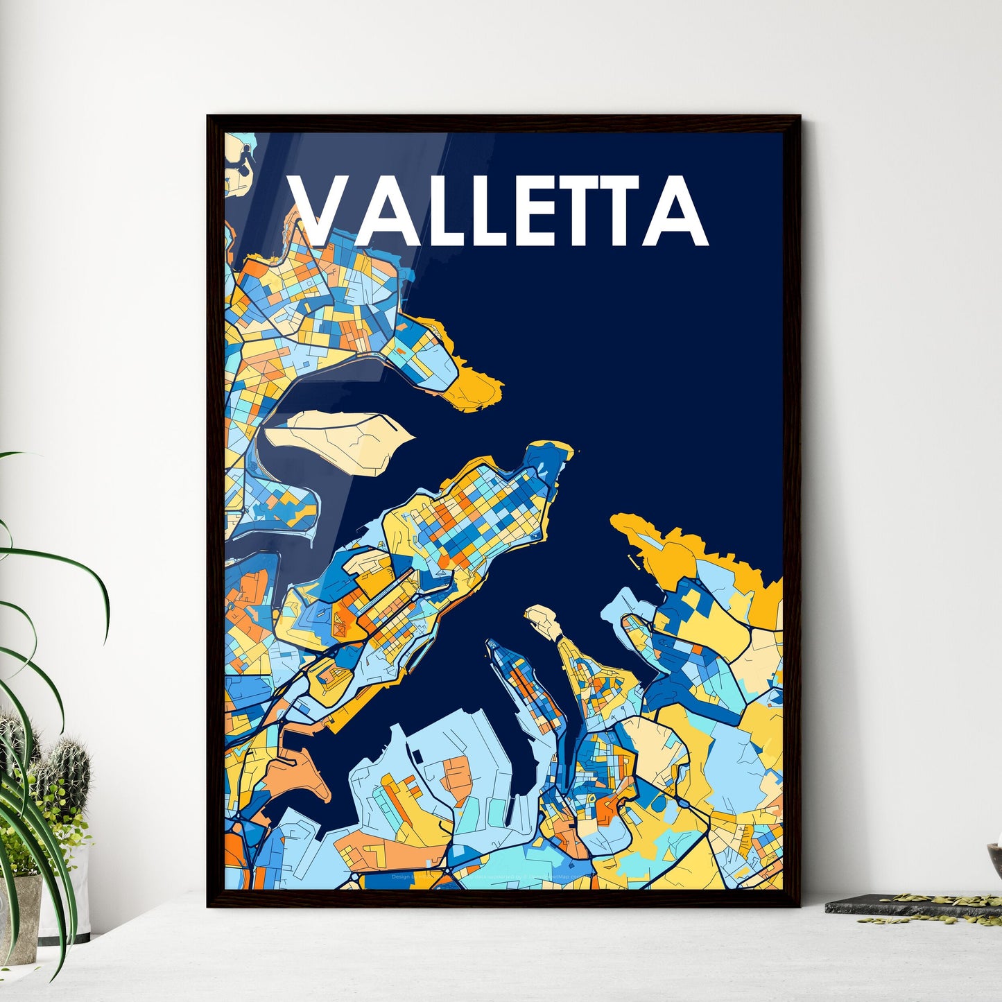 VALLETTA MALTA Vibrant Colorful Art Map Poster Blue Orange