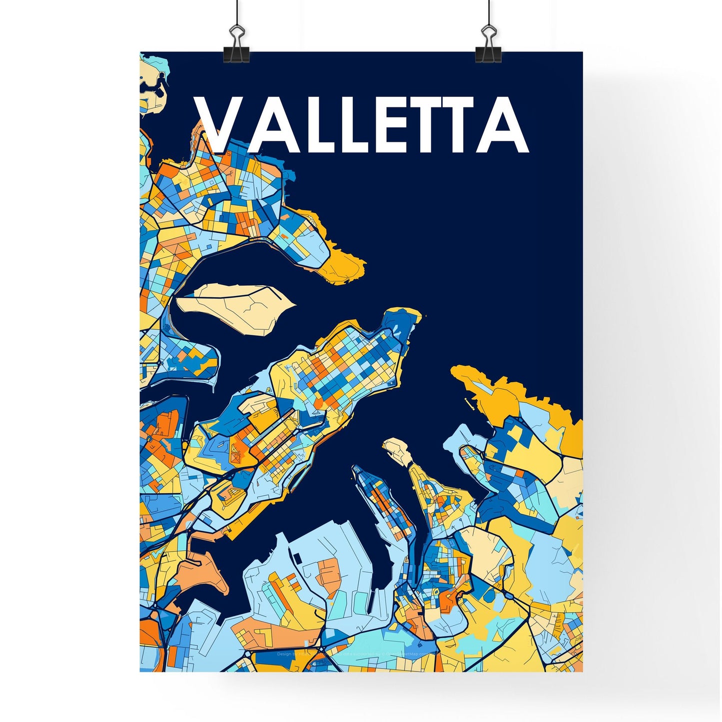 VALLETTA MALTA Vibrant Colorful Art Map Poster Blue Orange