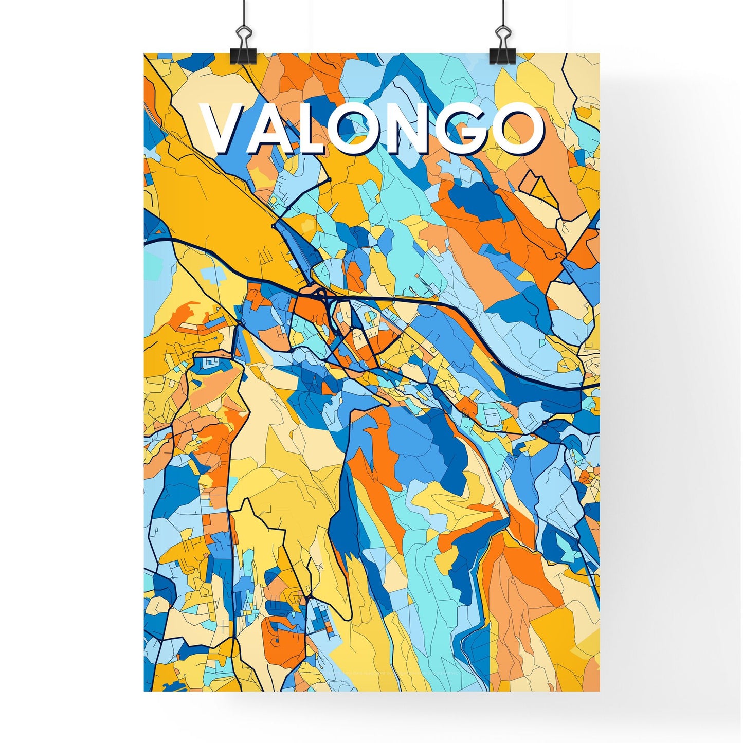 VALONGO PORTUGAL Vibrant Colorful Art Map Poster Blue Orange