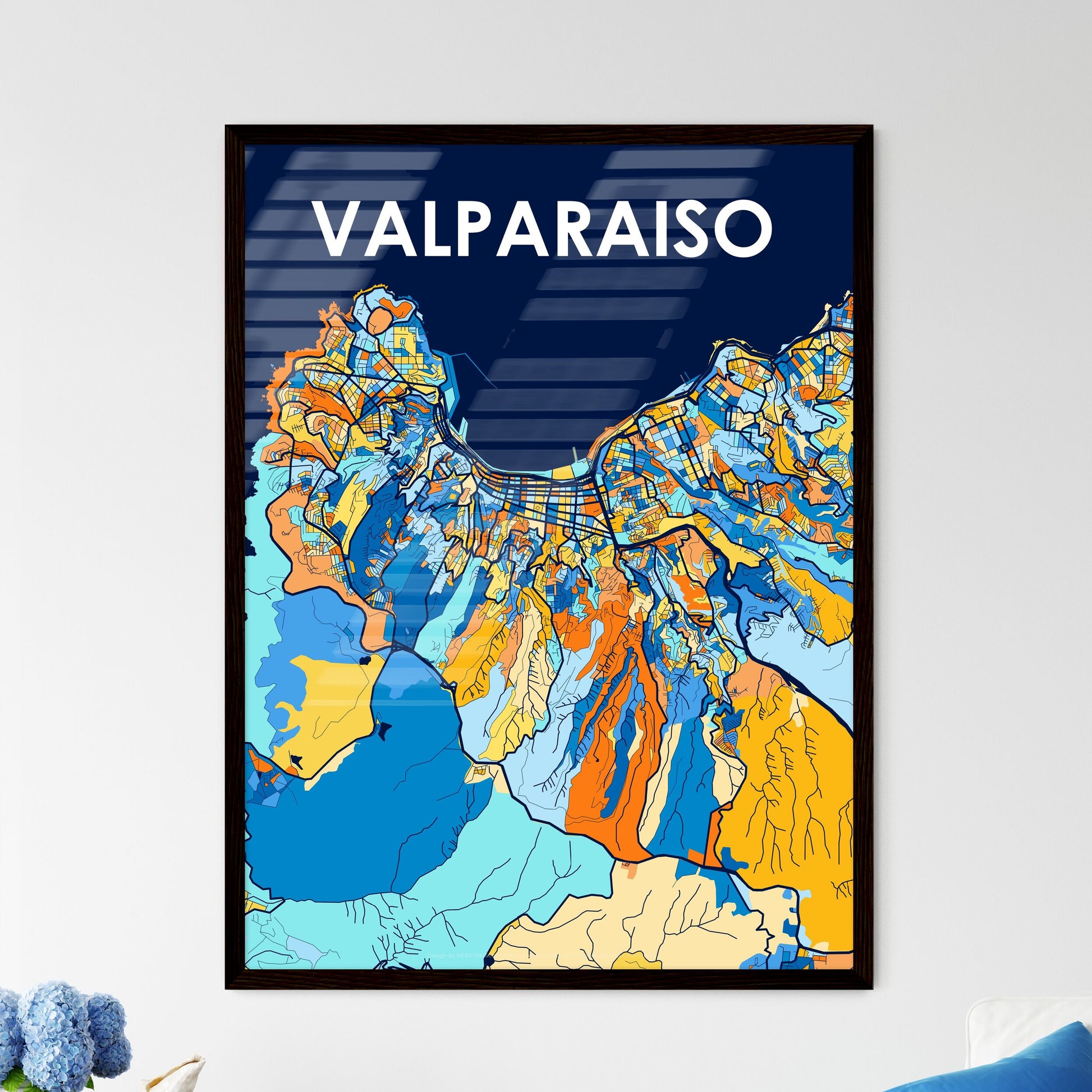 VALPARAISO CHILE Vibrant Colorful Art Map Poster Blue Orange