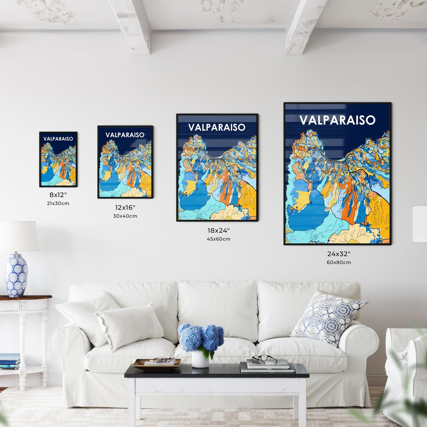 VALPARAISO CHILE Vibrant Colorful Art Map Poster Blue Orange