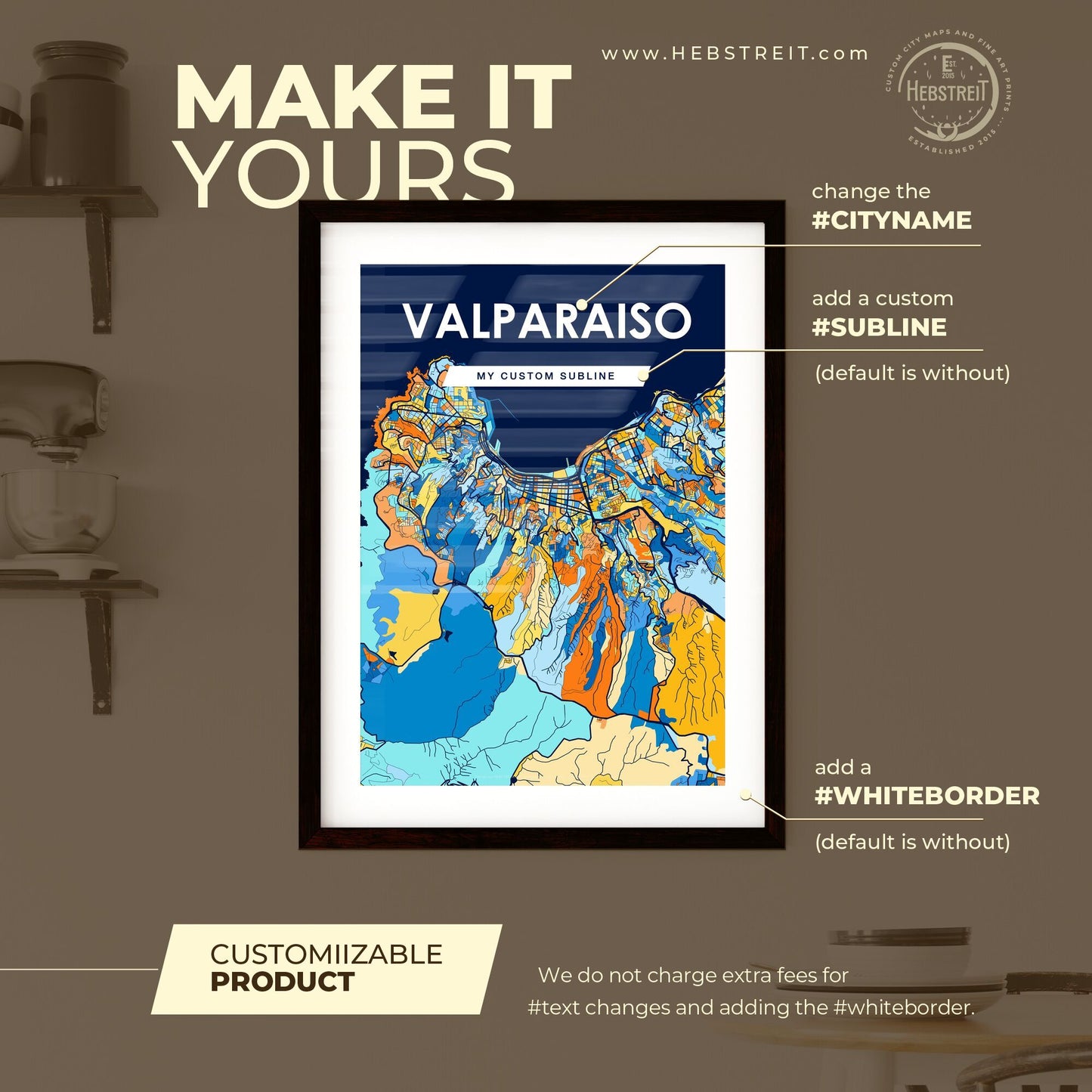 VALPARAISO CHILE Vibrant Colorful Art Map Poster Blue Orange