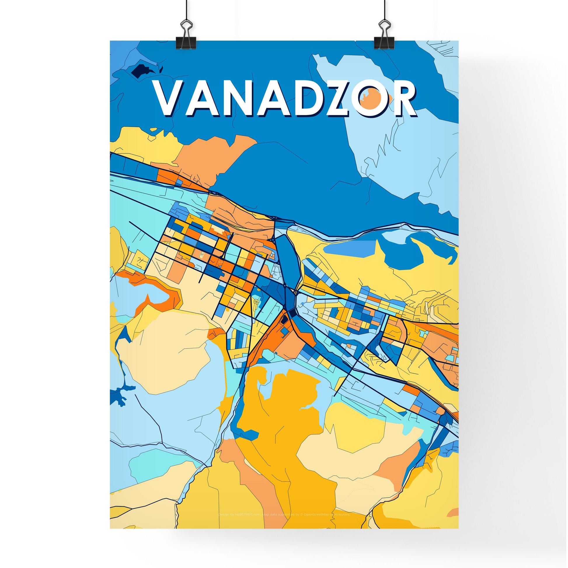 VANADZOR ARMENIA Vibrant Colorful Art Map Poster Blue Orange