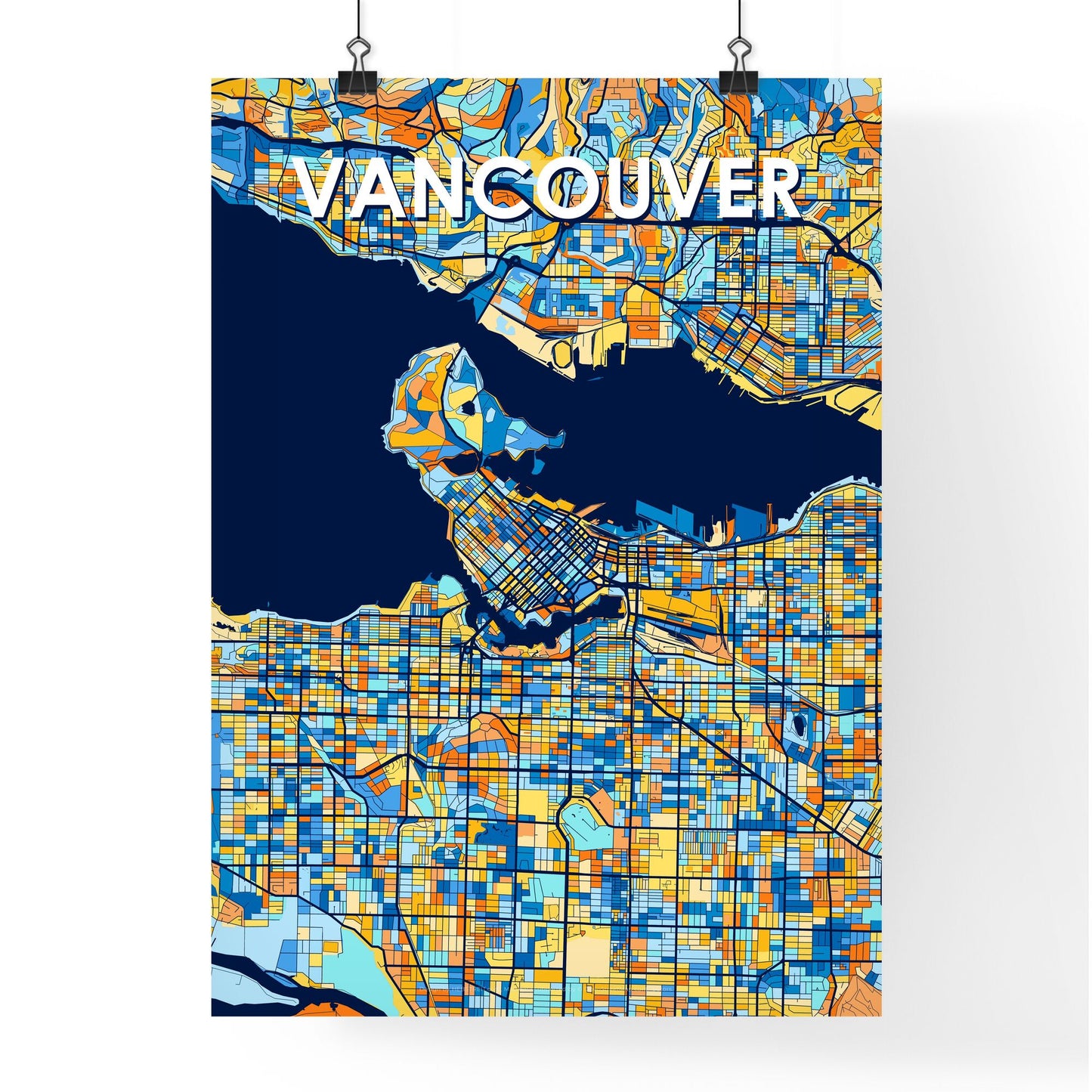 VANCOUVER CANADA Vibrant Colorful Art Map Poster Blue Orange