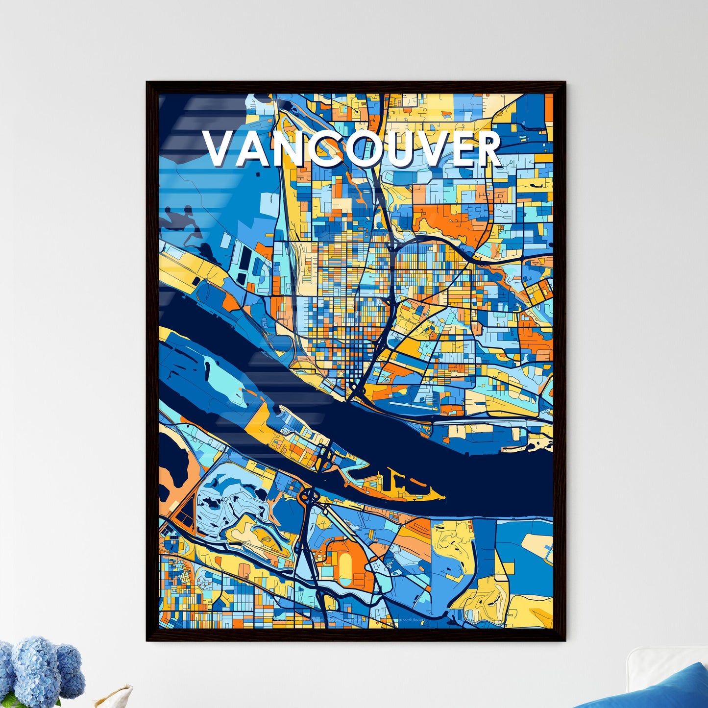 VANCOUVER WASHINGTON Vibrant Colorful Art Map Poster Blue Orange