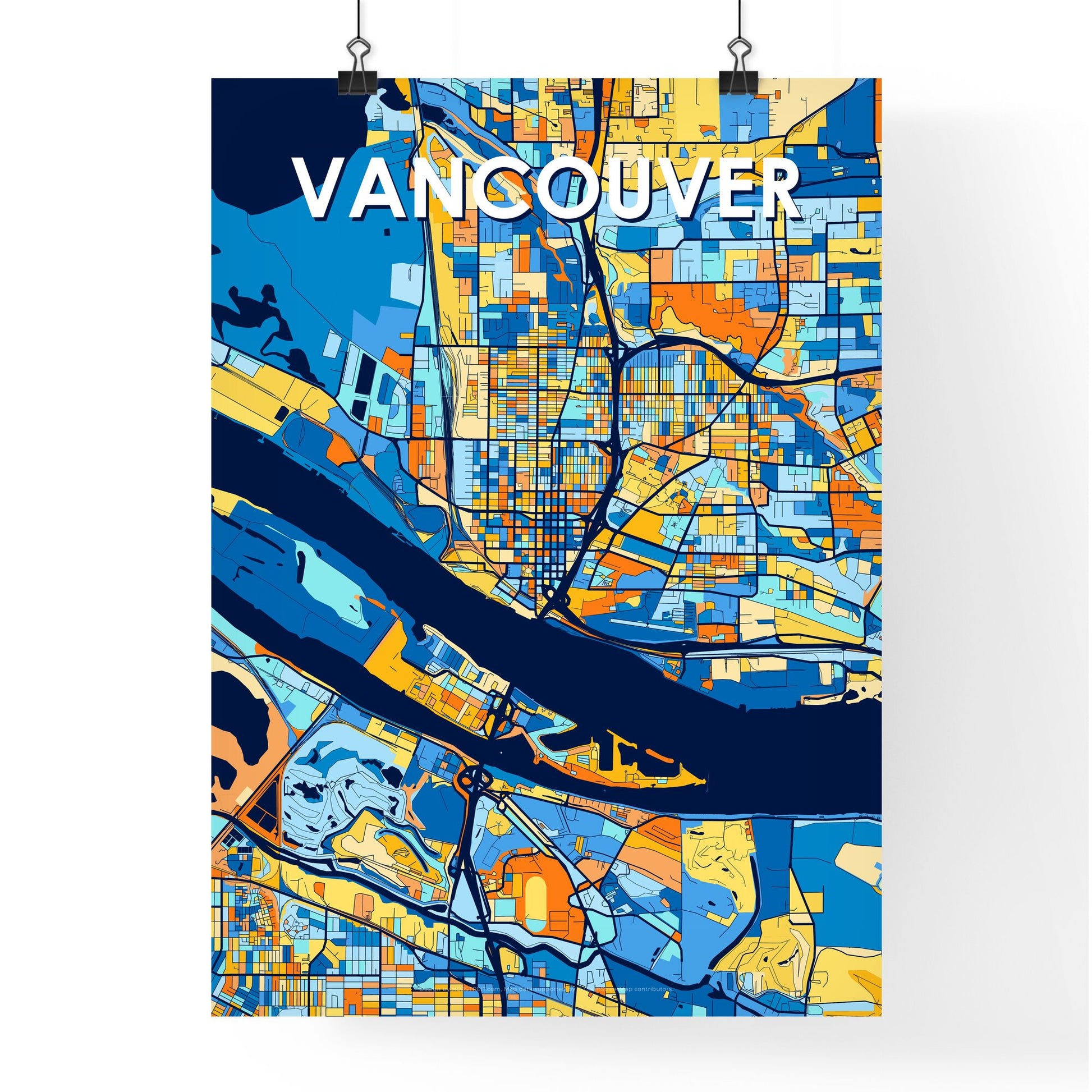 VANCOUVER WASHINGTON Vibrant Colorful Art Map Poster Blue Orange