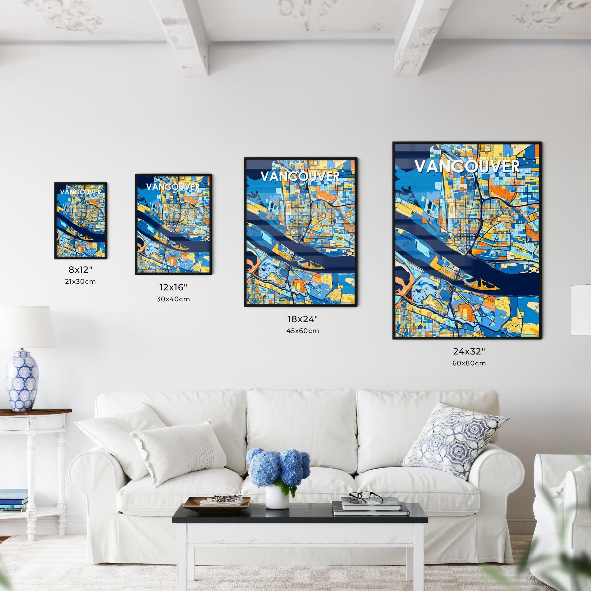 VANCOUVER WASHINGTON Vibrant Colorful Art Map Poster Blue Orange