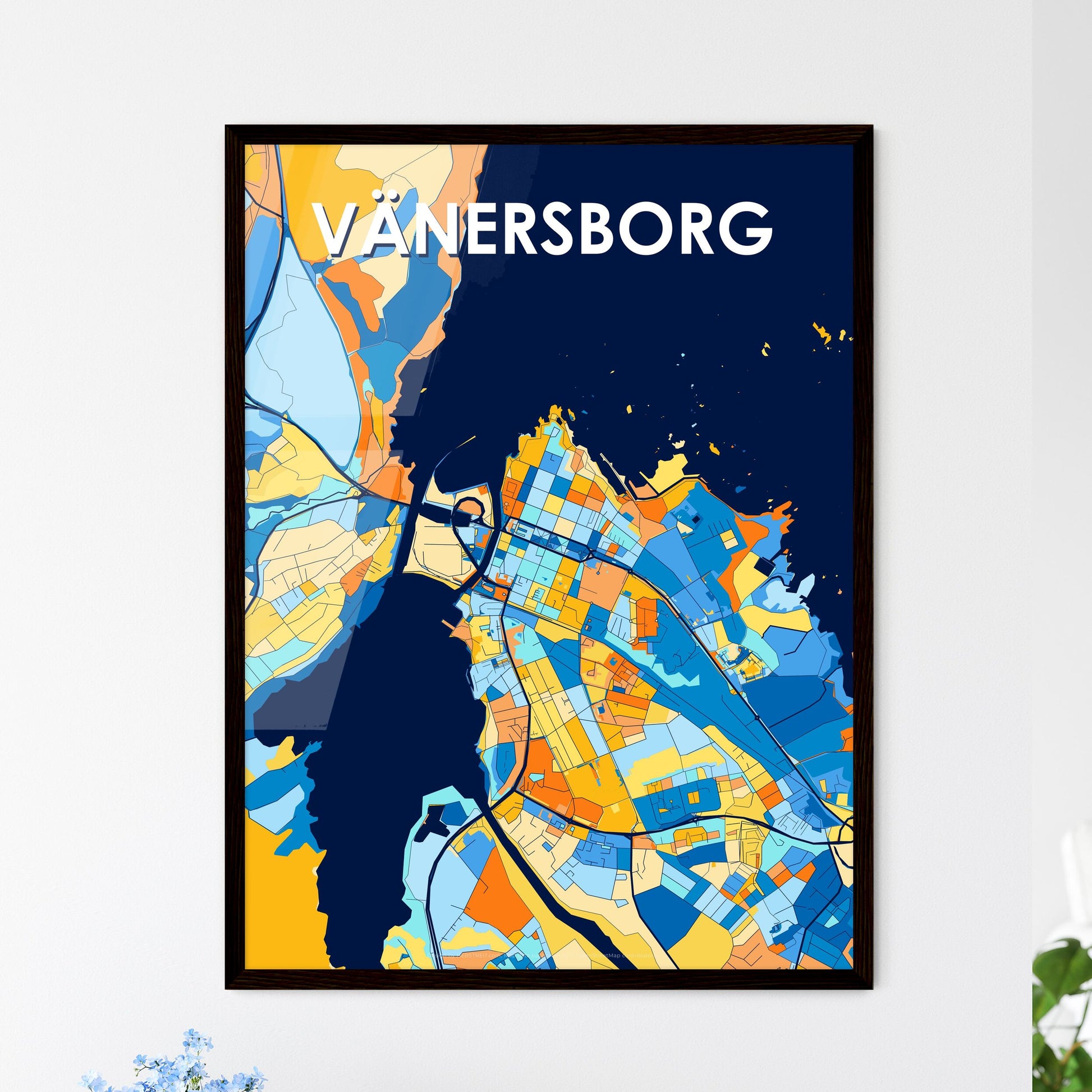 VÄNERSBORG SWEDEN Vibrant Colorful Art Map Poster Blue Orange