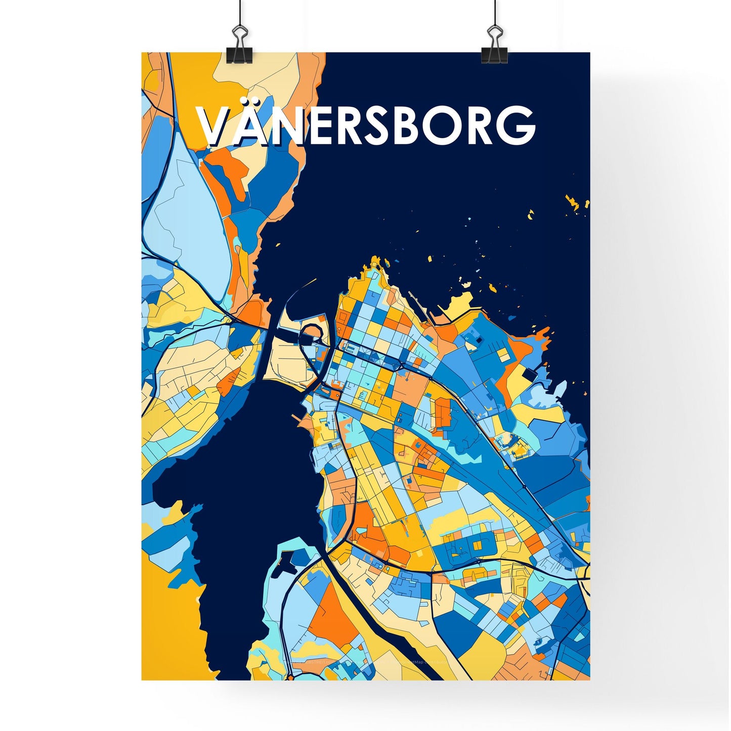 VÄNERSBORG SWEDEN Vibrant Colorful Art Map Poster Blue Orange