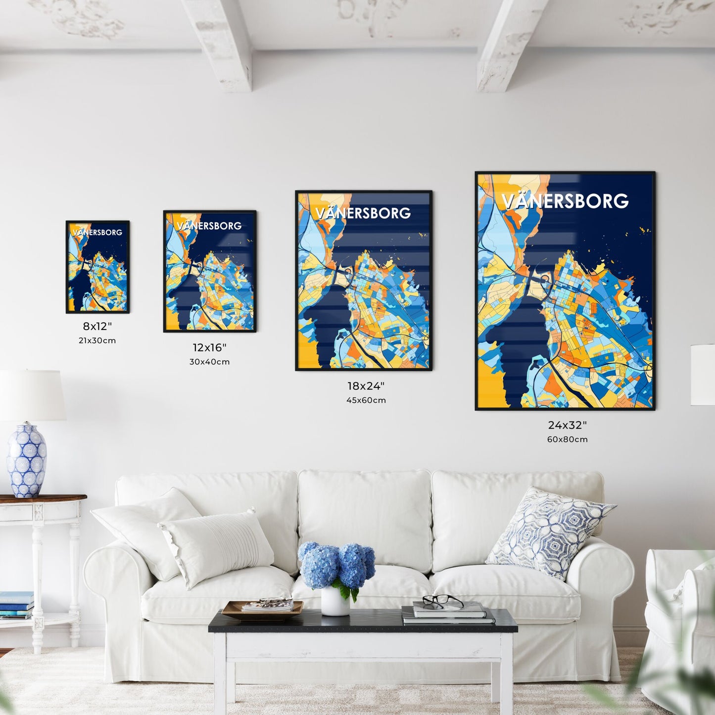 VÄNERSBORG SWEDEN Vibrant Colorful Art Map Poster Blue Orange