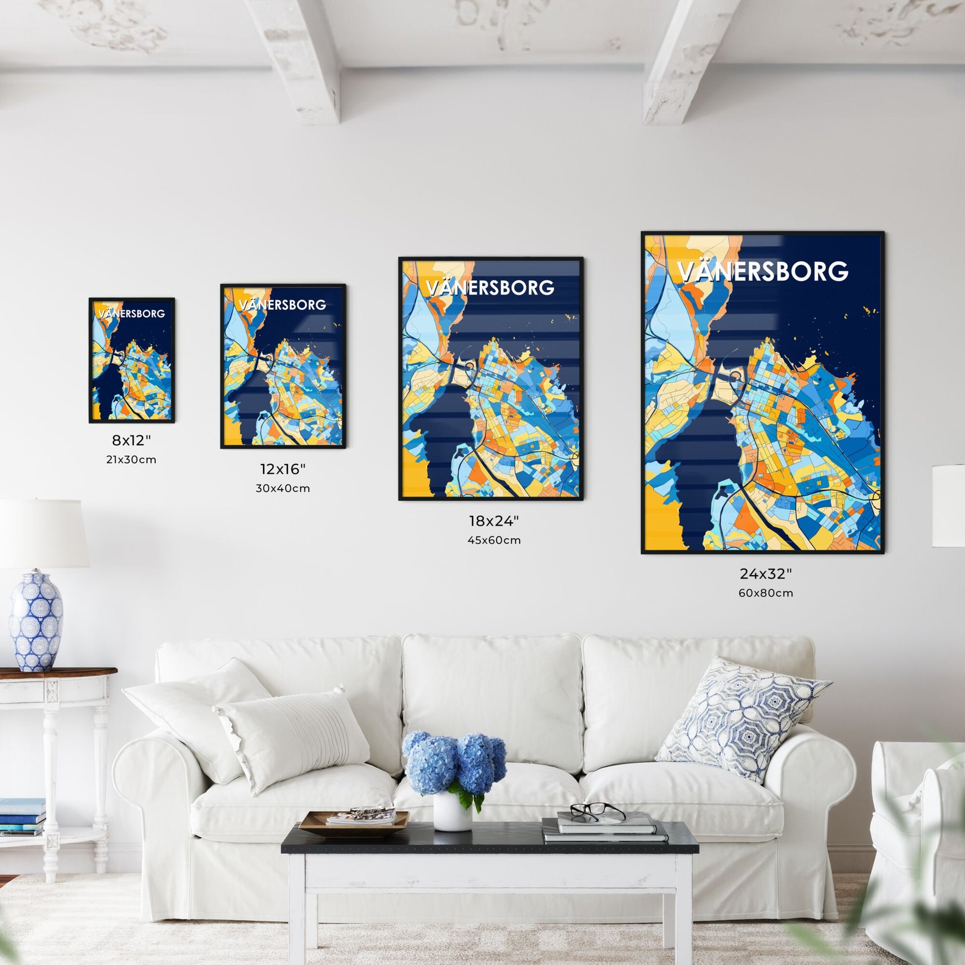 VÄNERSBORG SWEDEN Vibrant Colorful Art Map Poster Blue Orange