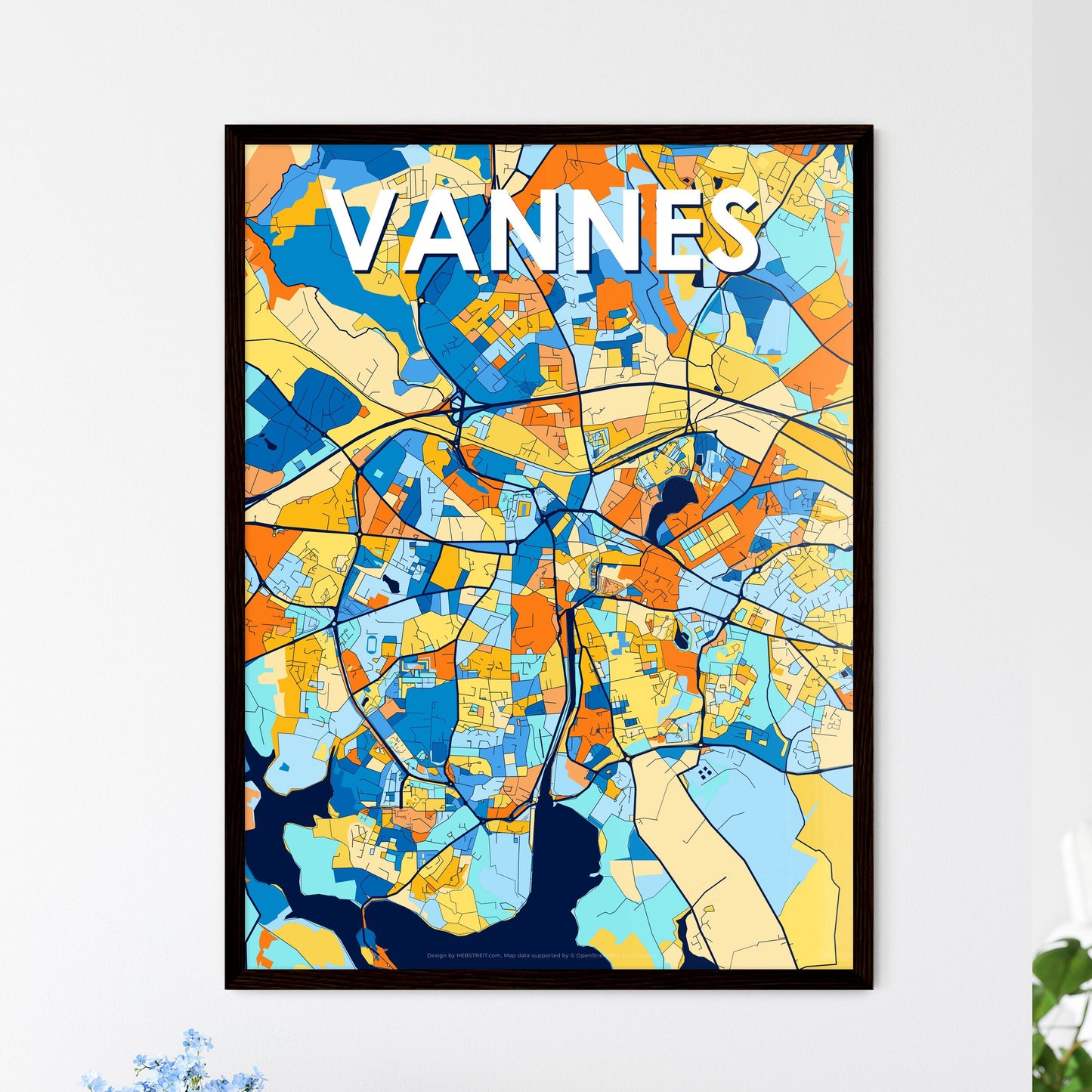 VANNES FRANCE Vibrant Colorful Art Map Poster Blue Orange