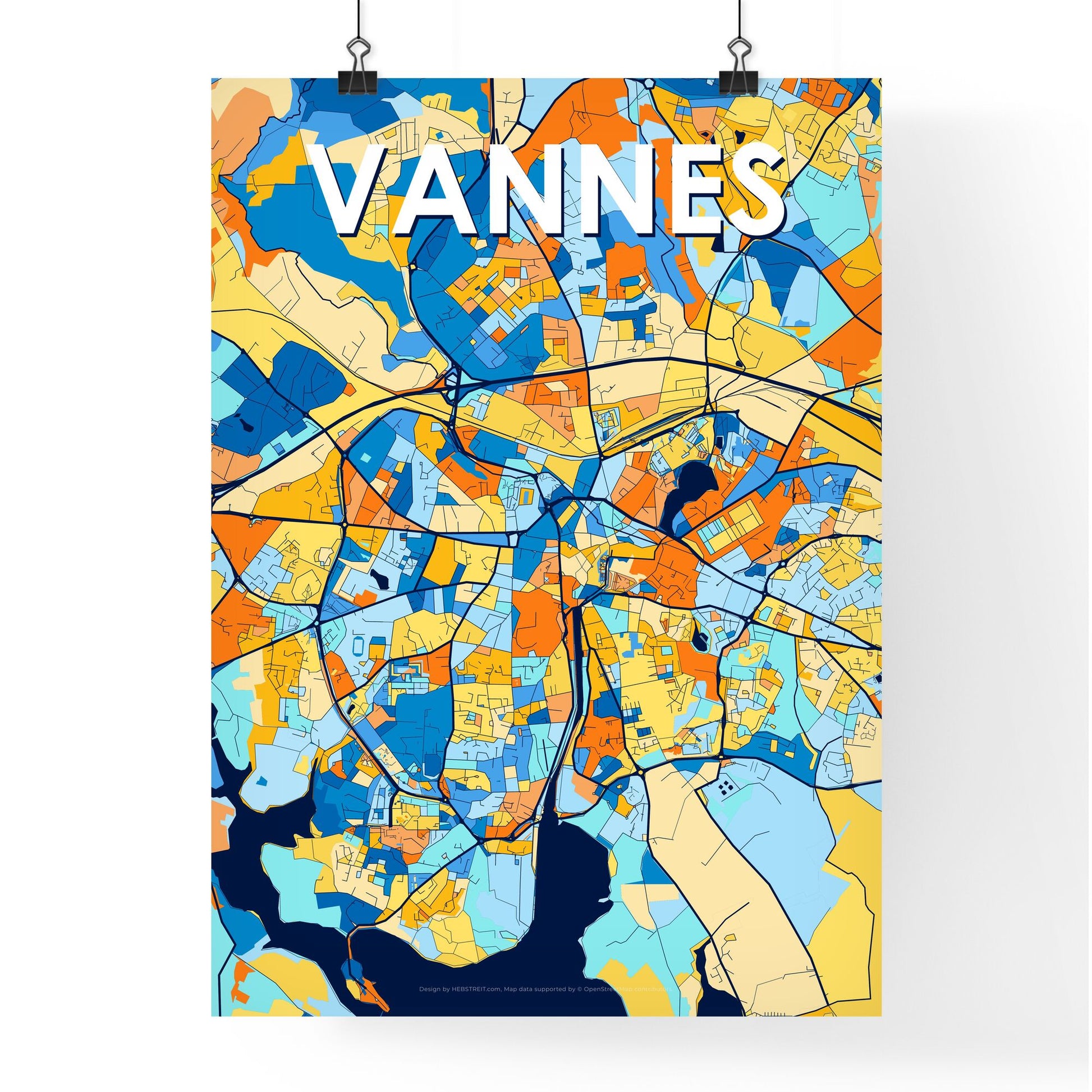 VANNES FRANCE Vibrant Colorful Art Map Poster Blue Orange