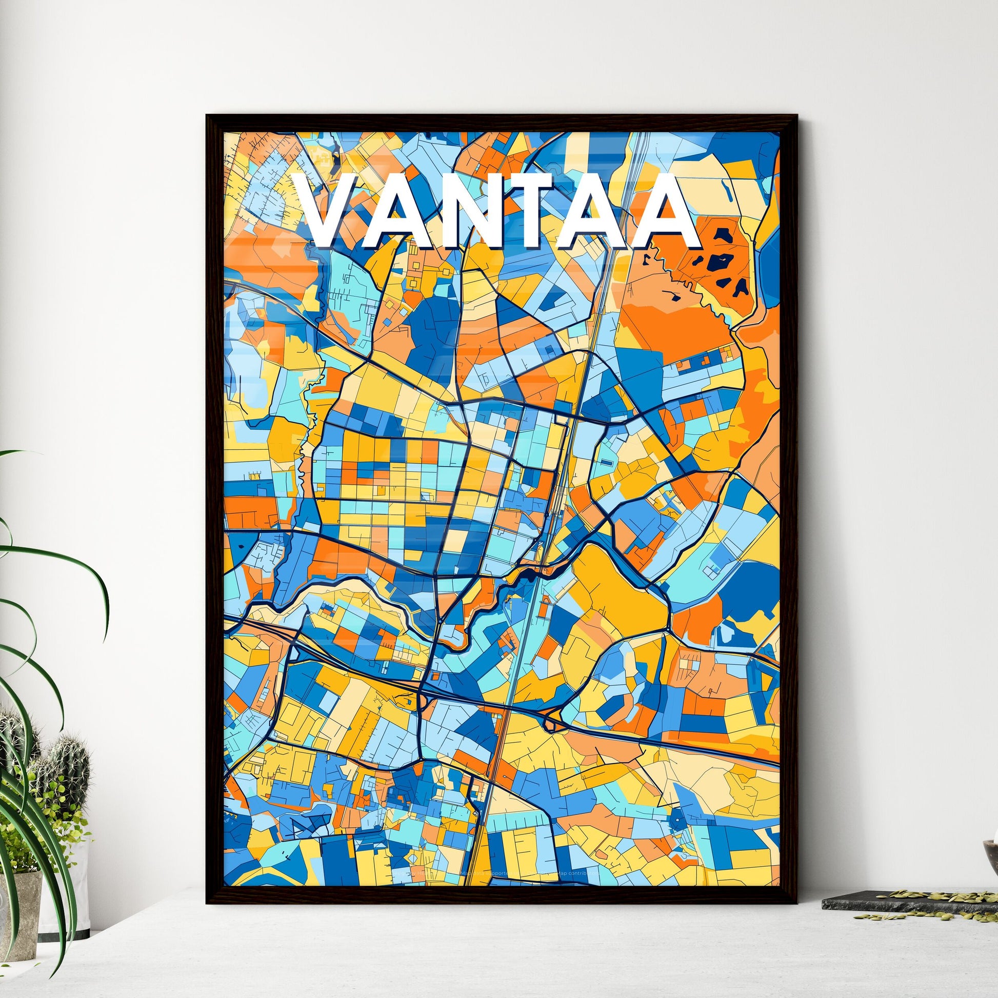 VANTAA FINLAND Vibrant Colorful Art Map Poster Blue Orange