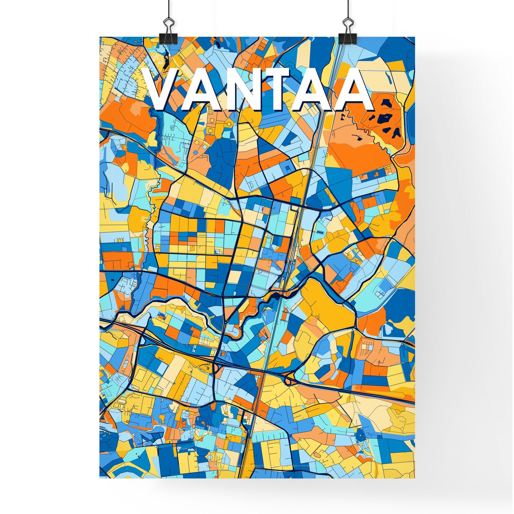 VANTAA FINLAND Vibrant Colorful Art Map Poster Blue Orange