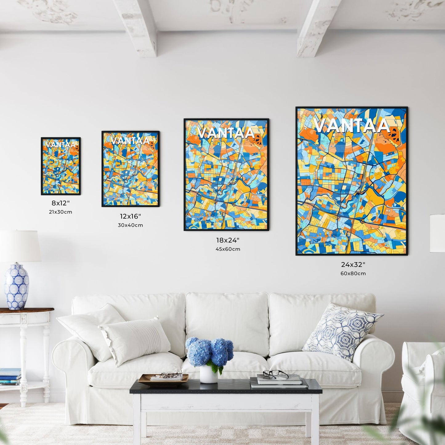 VANTAA FINLAND Vibrant Colorful Art Map Poster Blue Orange