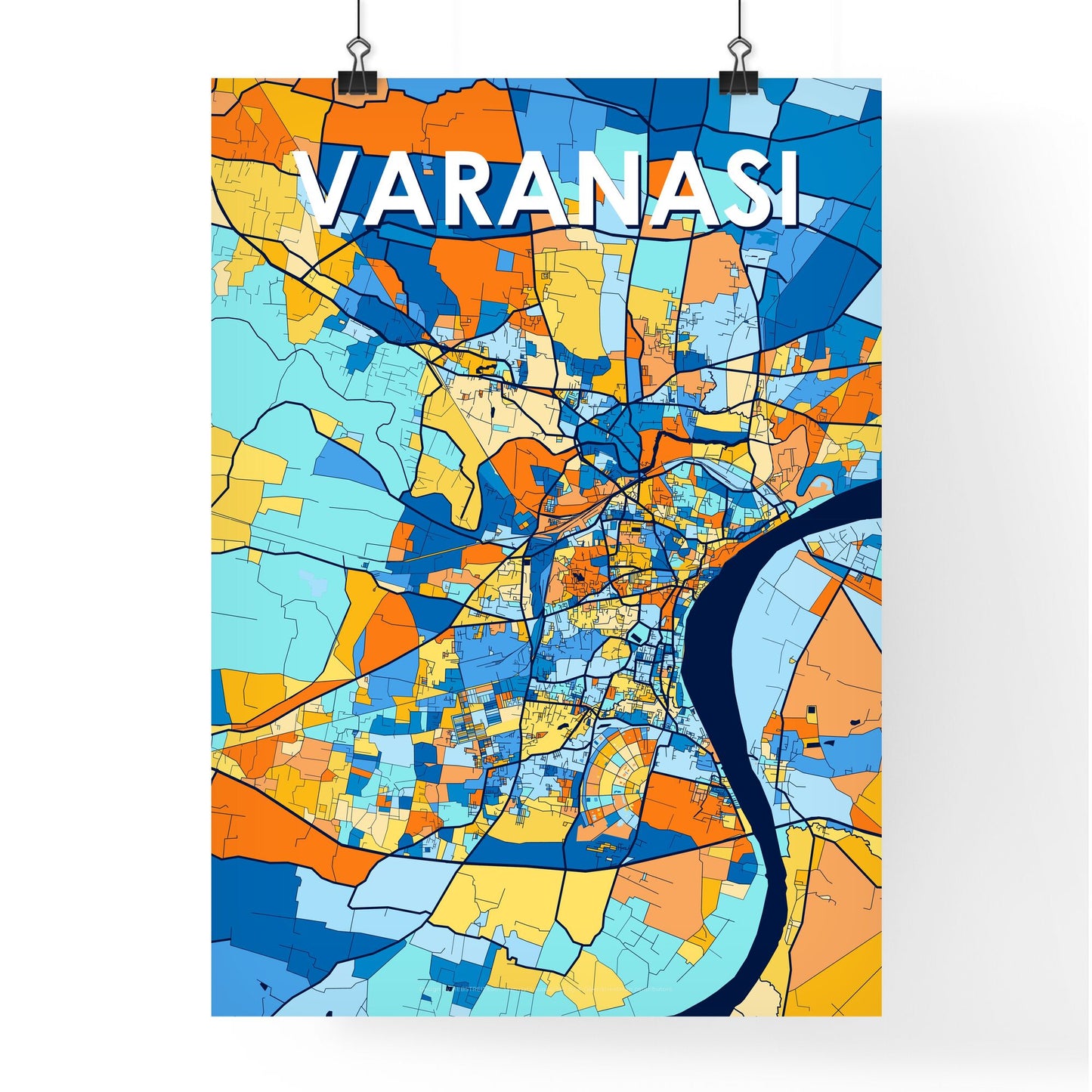 VARANASI INDIA Vibrant Colorful Art Map Poster Blue Orange