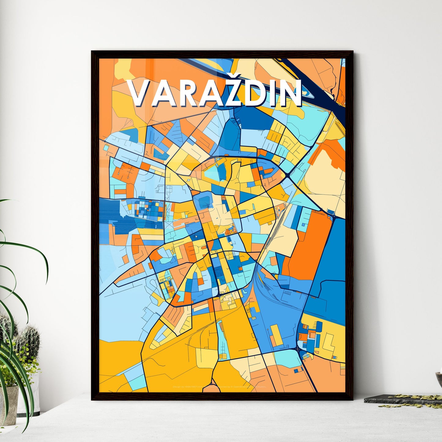 VARAŽDIN CROATIA Vibrant Colorful Art Map Poster Blue Orange