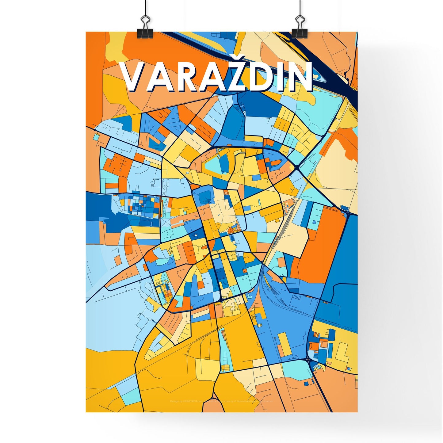 VARAŽDIN CROATIA Vibrant Colorful Art Map Poster Blue Orange