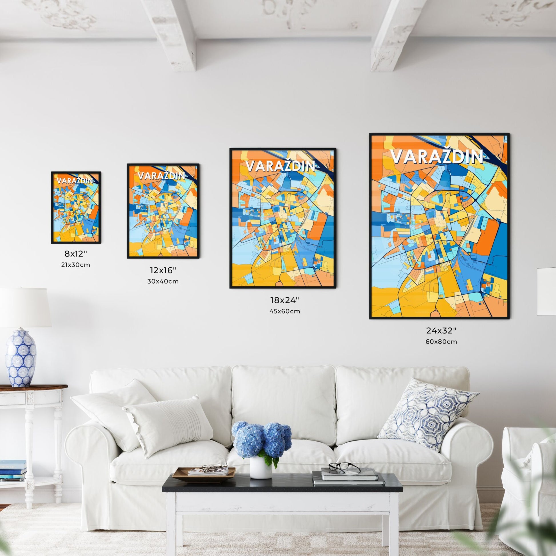 VARAŽDIN CROATIA Vibrant Colorful Art Map Poster Blue Orange